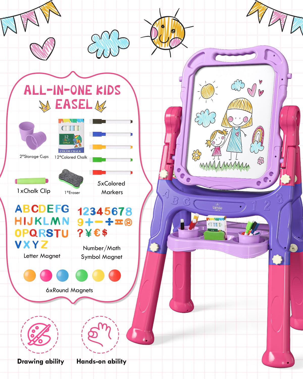 Lehoo Castle Kid Easel, 4 in 1 Double Sided Art Easel with Magnetic White Chalk Board, Adjustable Standing Toddler Easel Board with Painting & Writing Accessories - Gift for Girls