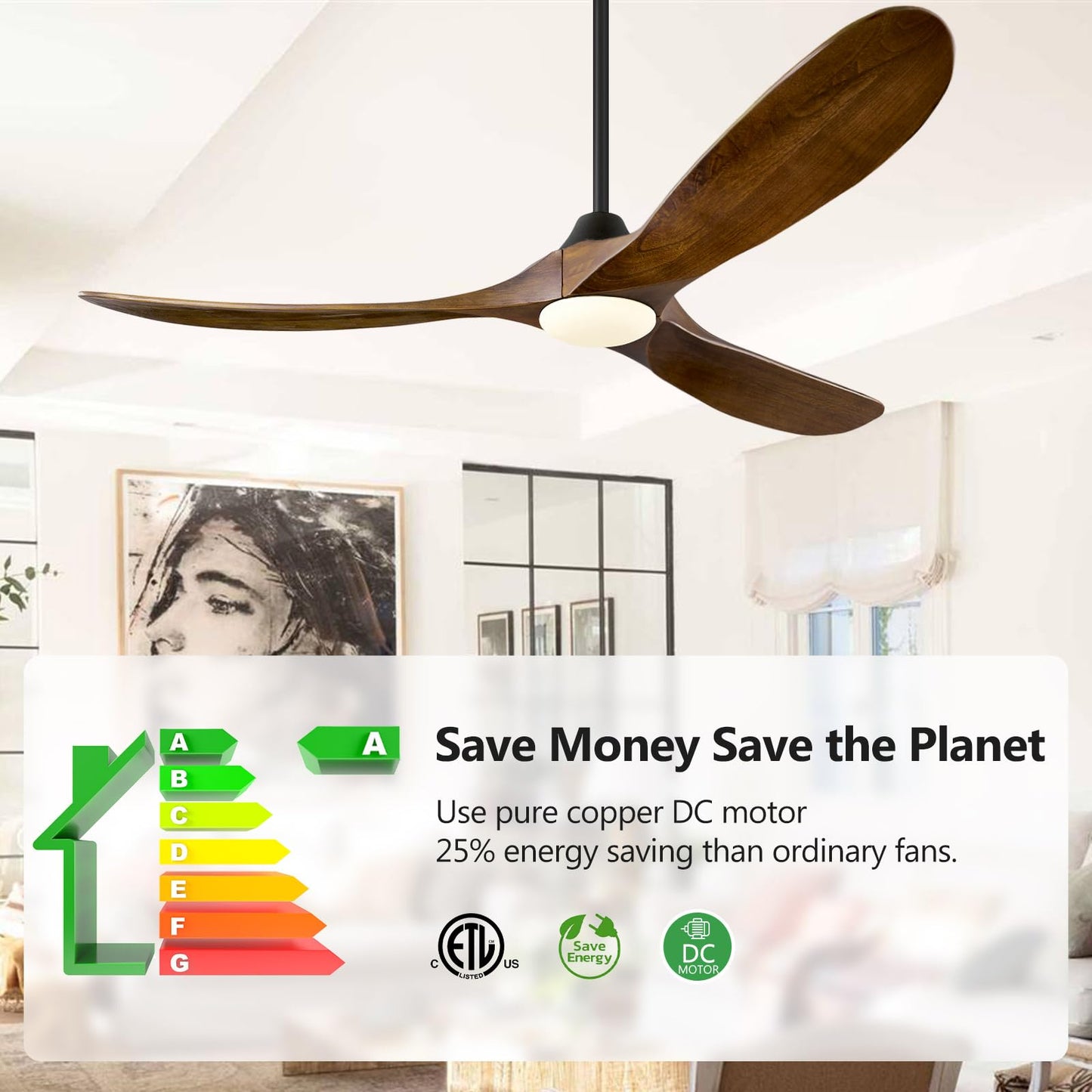 ABZ 60 Inch Ceiling Fans with Lights, Solid Wood Propeller Ceiling Fans with Lights and Remote Control Outdoor Ceiling Fan for Patios Propeller 3 Blades for Indoor Living Room, Walnut Wood