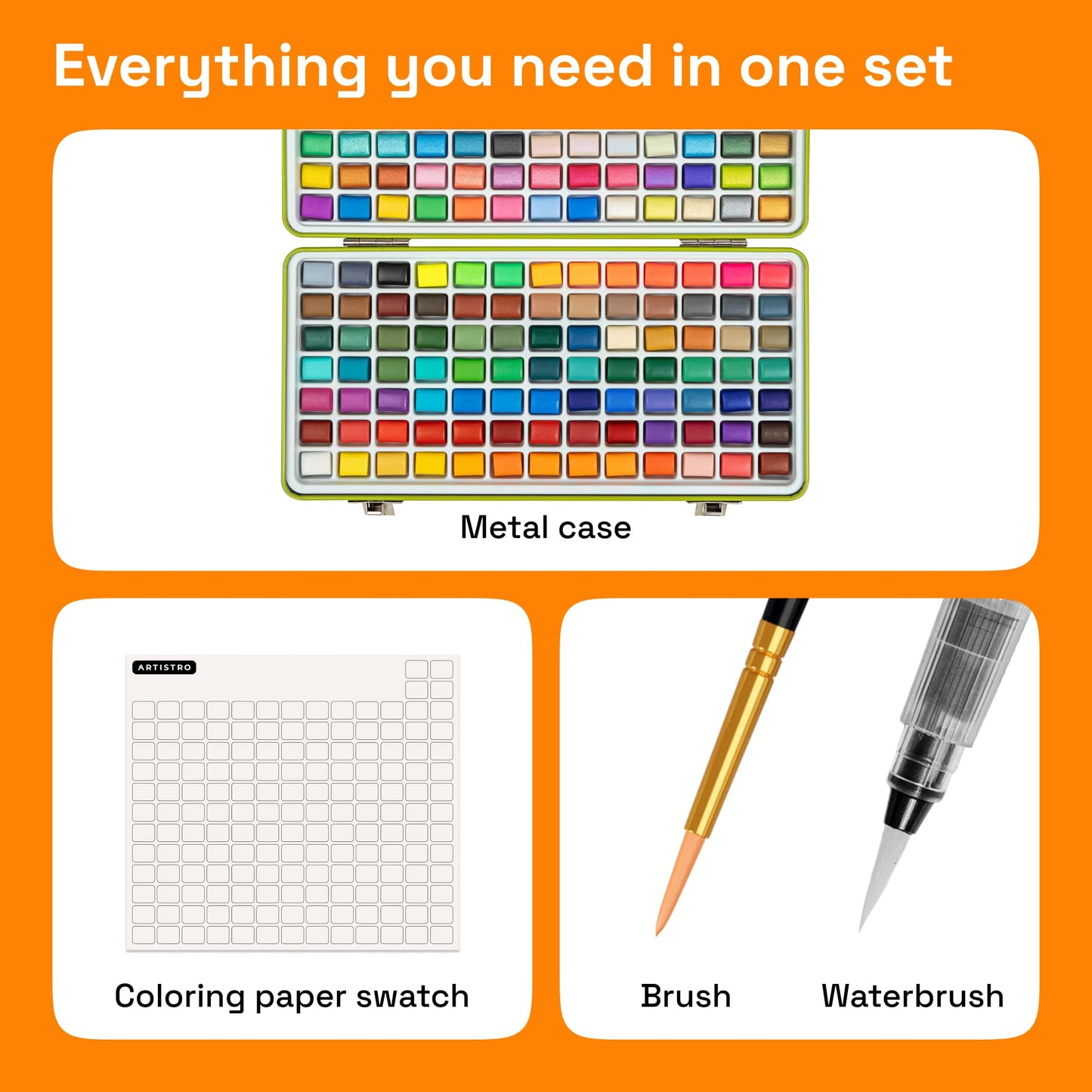 ARTISTRO Watercolor Paint Set 160 Colors - Vivid, Metallic & Neon, Portable Travel Set for Kids & Adults