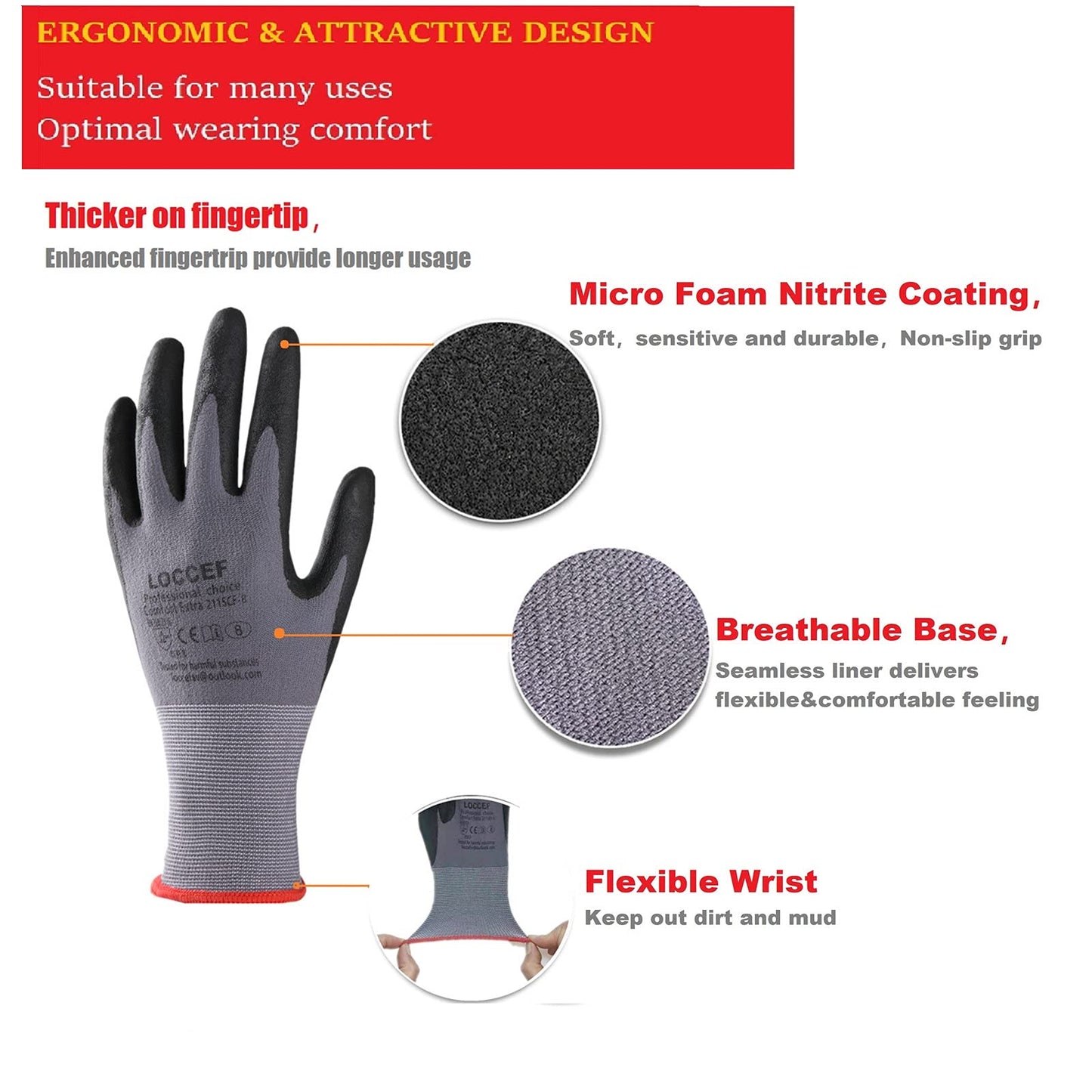 LOCCEF Safety Work Gloves MicroFoam Nitrile Coated-36 Pairs,Seamless Knit Nylon Gloves,Home Improvement,Micro-Foam Gloves (36 Pairs, 9/L)