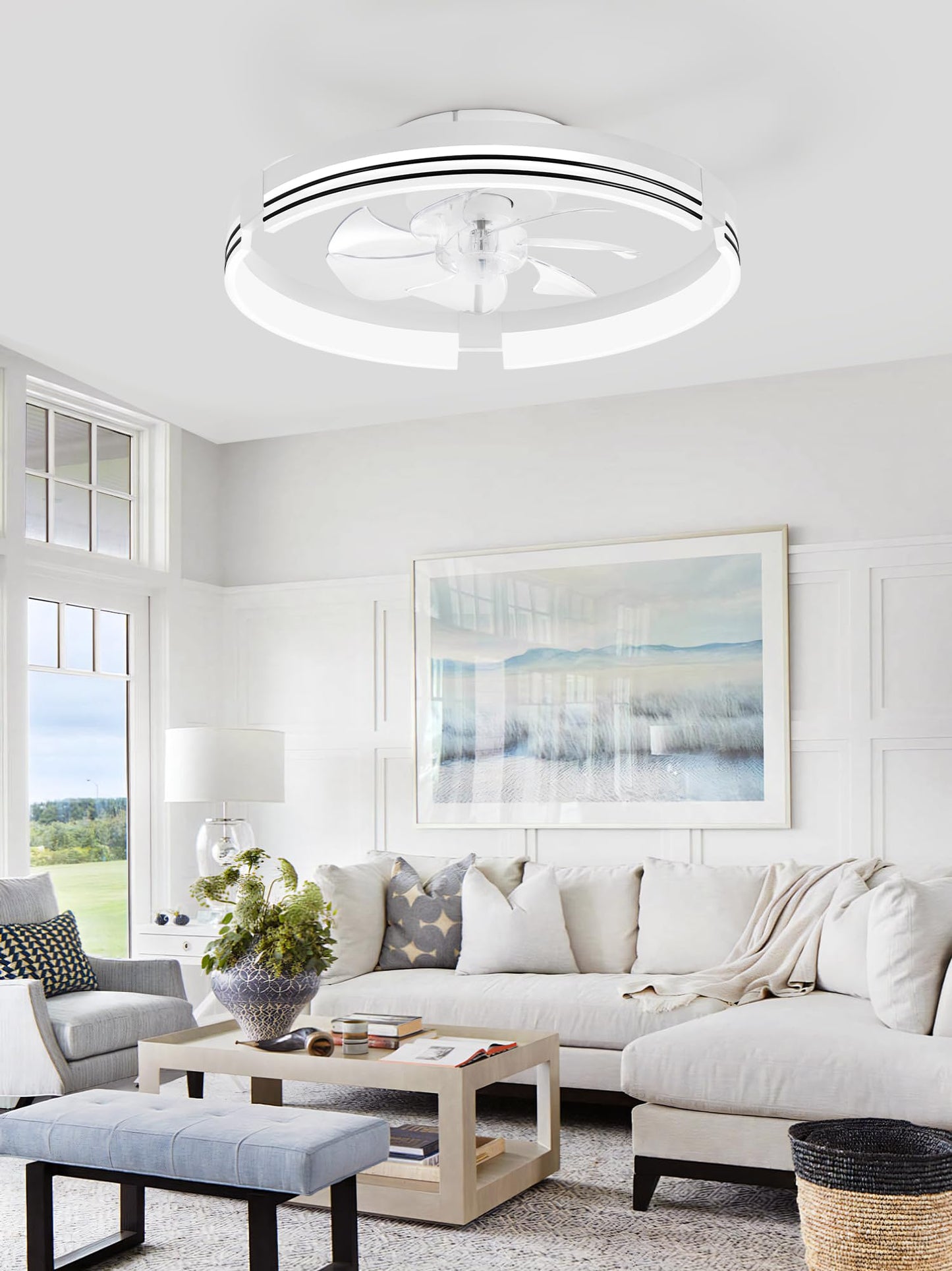 ZMISHIBO Low Profile Ceiling Fans with Lights and Remote, 20 Inch Flush Mount Ceiling Fan with Light, 3000K-6000K Dimmable Fandelier LED Fan Light, 6 Wind Speeds White Ceiling Fans for Bedroom