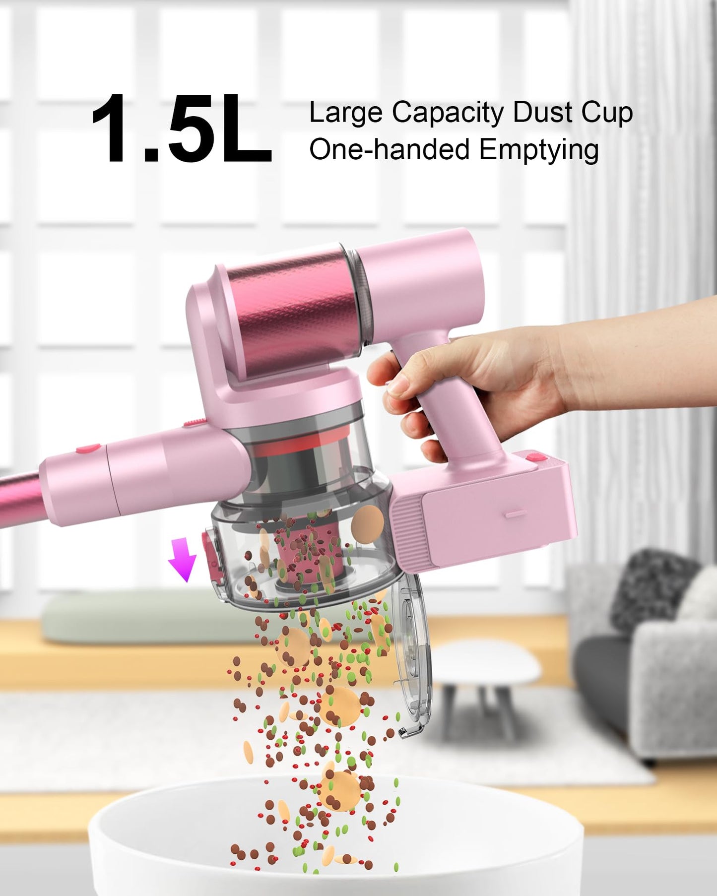 AOKOAK Pink Cordless Vacuum Cleaner, 45Kpa/550W/60 Mins Runtime Stick Vacuum with Self-Standing and Touch Screen, Anti-Tangle Wireless Vacumm, Vacuum Cleaners for Home/Pet Hair/Carpets/Floors