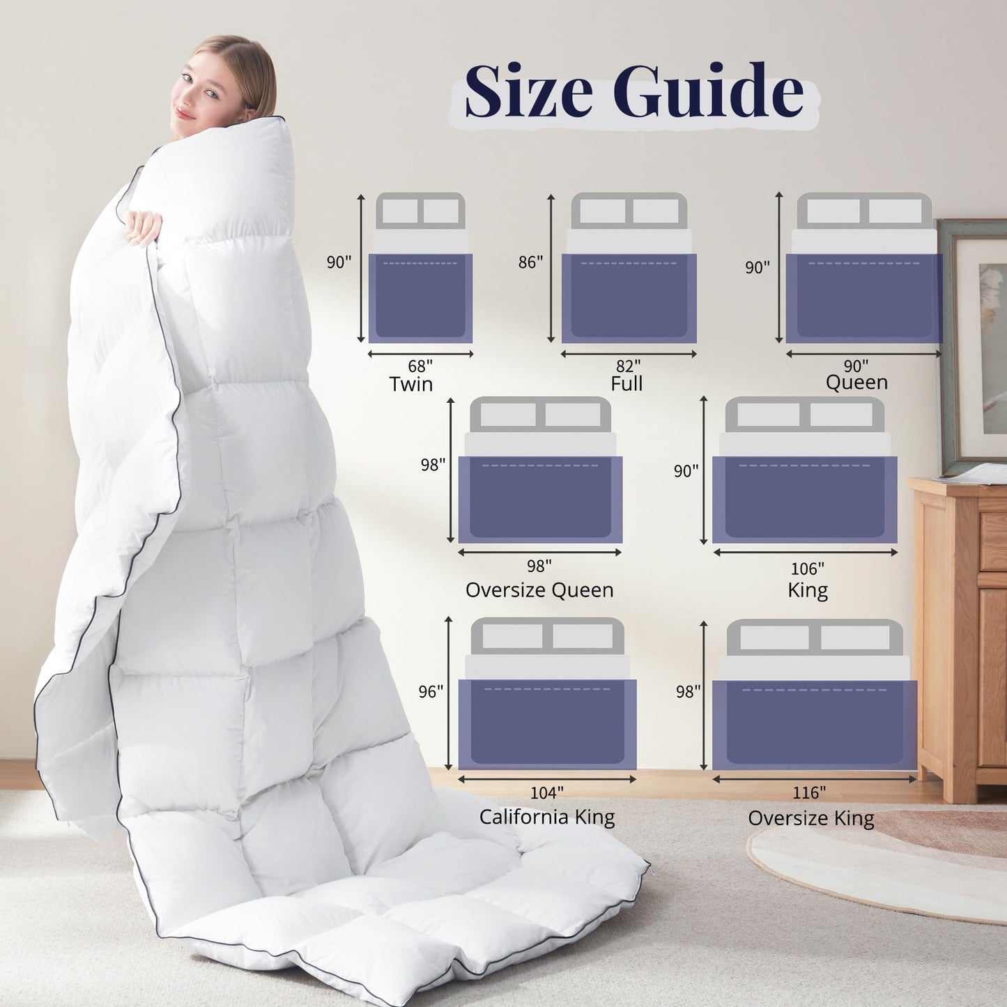 Ubauba King Size Down Duvet Insert - All Season Cool Touch for Hot Sleepers, Premium 100% Cotton Shell Hotel Quality, White 106 x 90 Inch