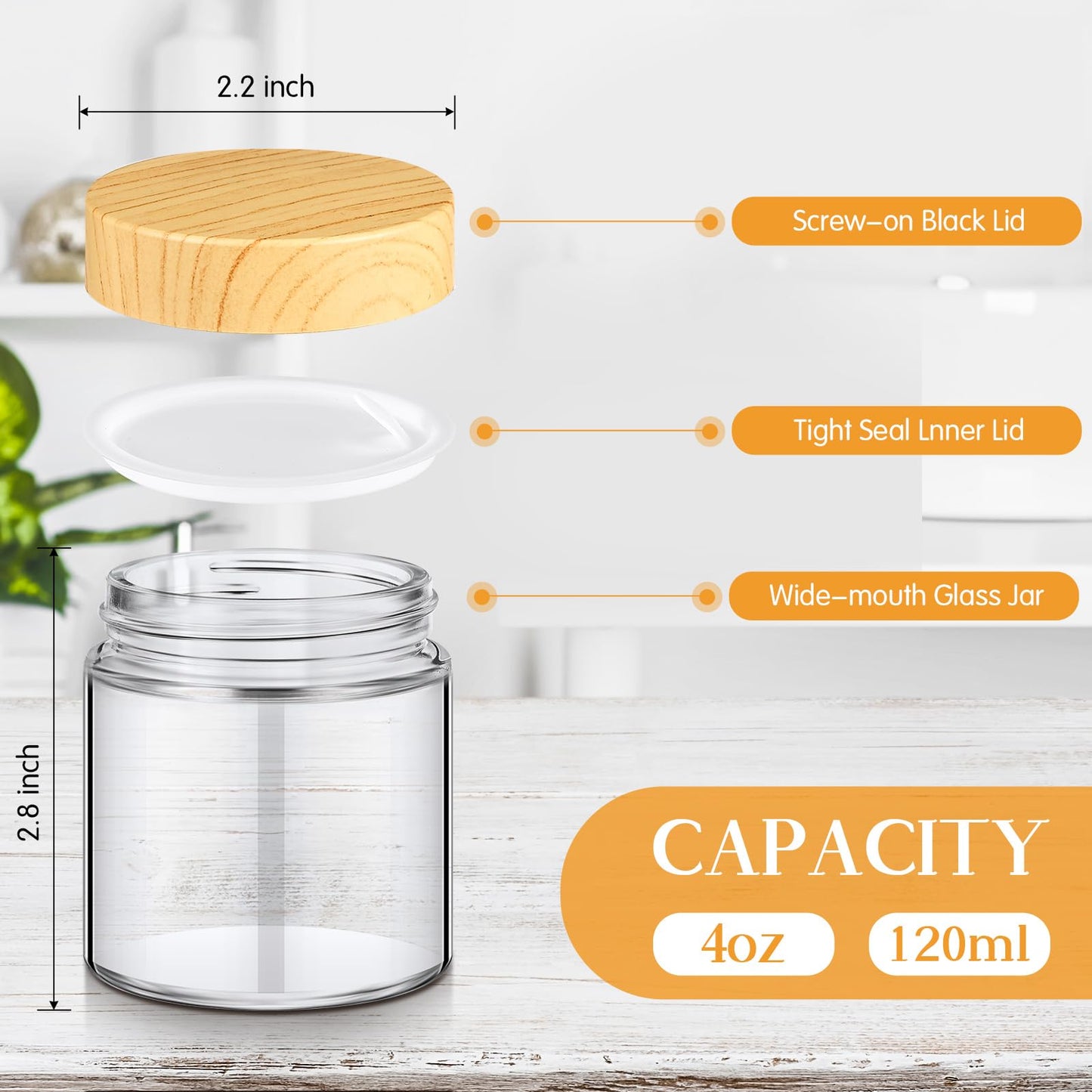 Norme 24 Pcs Glass Jars with Lids Empty Small Containers with Lids Inner Liners Reusable Cosmetic Jars Round Airtight Glass Bottles with Plastic Woodgrain Lids for Travel (4 Oz)