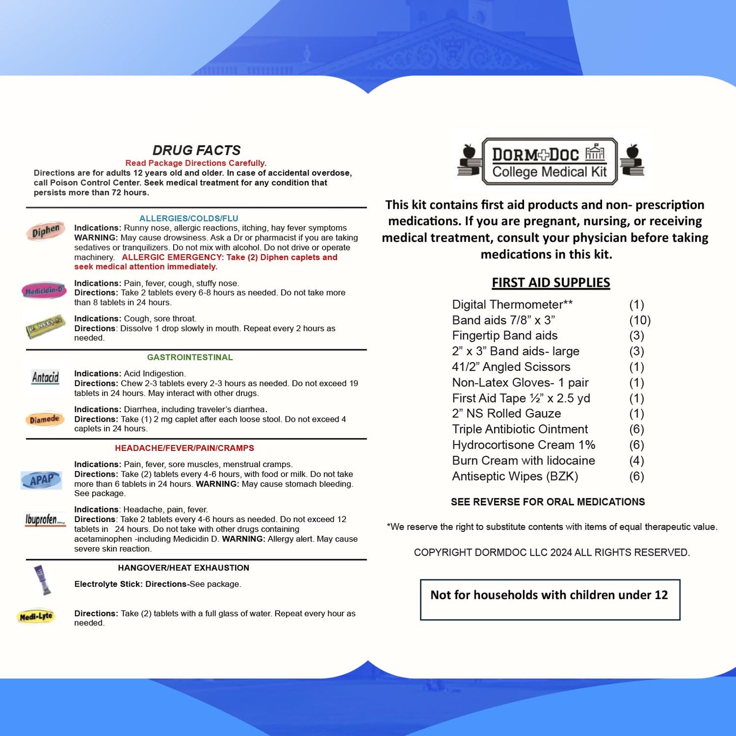 DormDoc College First Aid Kit – Compact Emergency Medical Kit for Dorm Rooms, School, Sports – with Bandages, OTC Medicines for Relief, Gauze, Quick Care Set – Portable Health Kit - 175 PCS, Blue