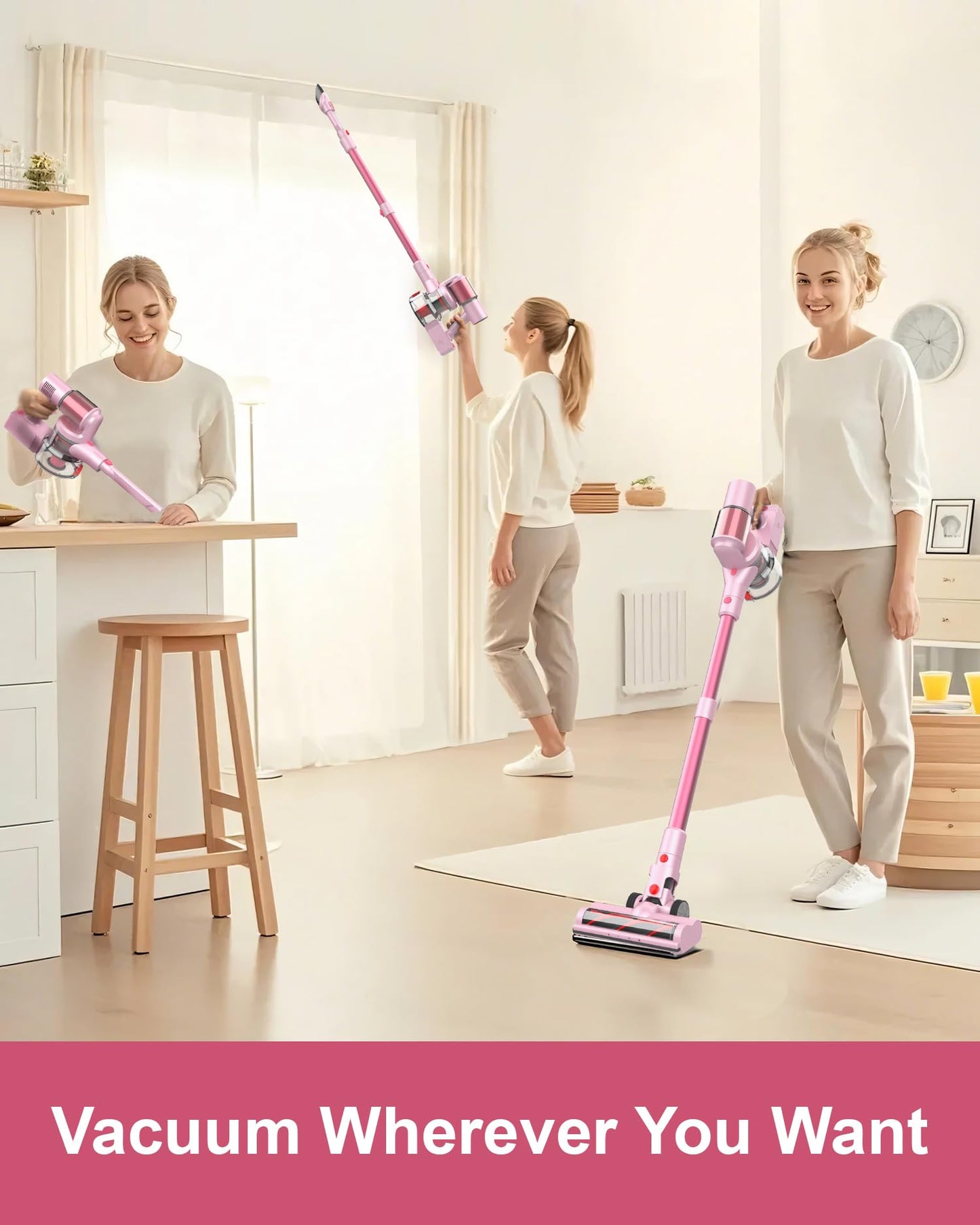 AOKOAK Pink Cordless Vacuum Cleaner, 45Kpa/550W/60 Mins Runtime Stick Vacuum with Self-Standing and Touch Screen, Anti-Tangle Wireless Vacumm, Vacuum Cleaners for Home/Pet Hair/Carpets/Floors