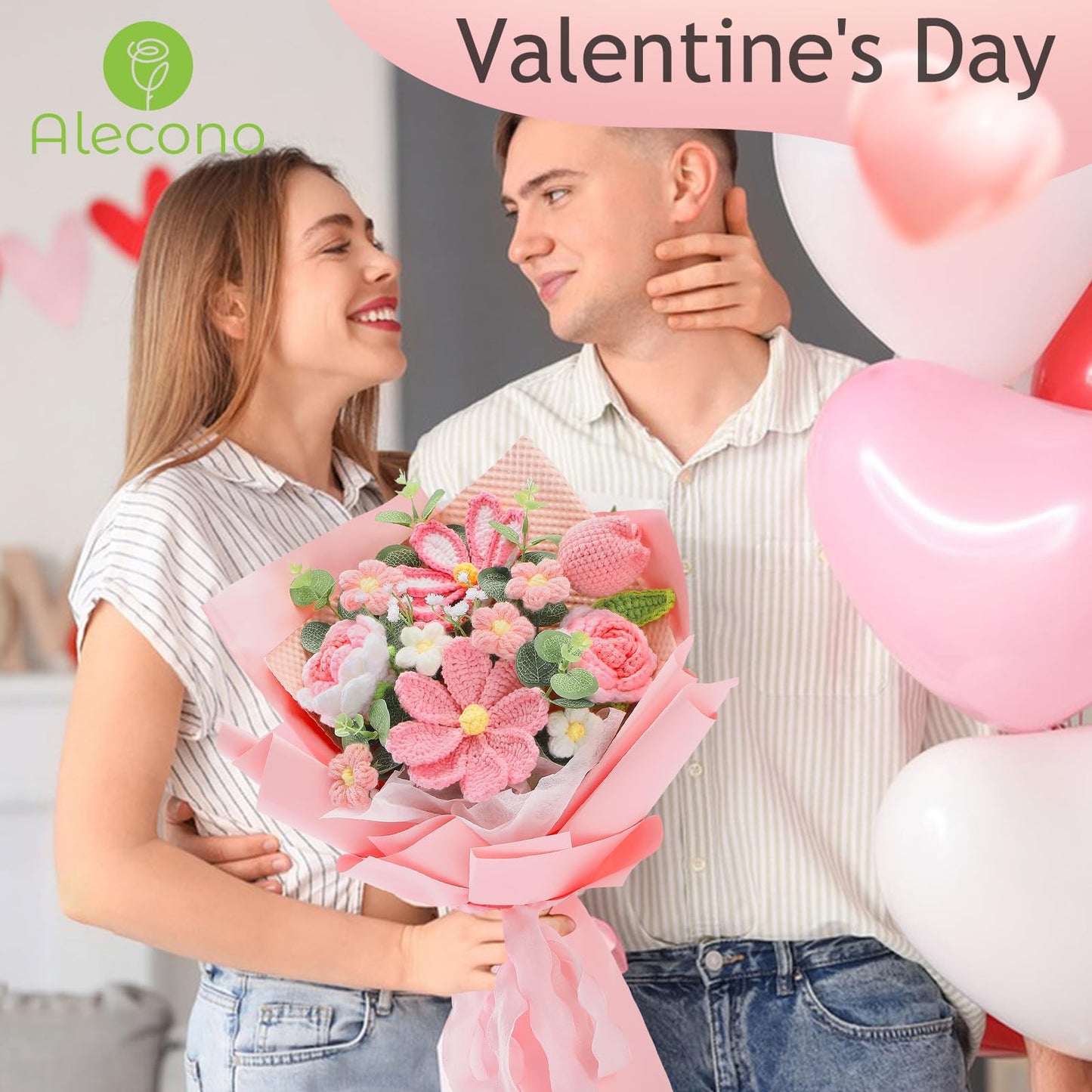 Alecono Crochet Flower Bouquet, Pink Knitted Flowers, Crochet Tulip Galsang Flower for Lover Anniversary Birthday Party Mother's Day Graduation Gifts (Include Card)