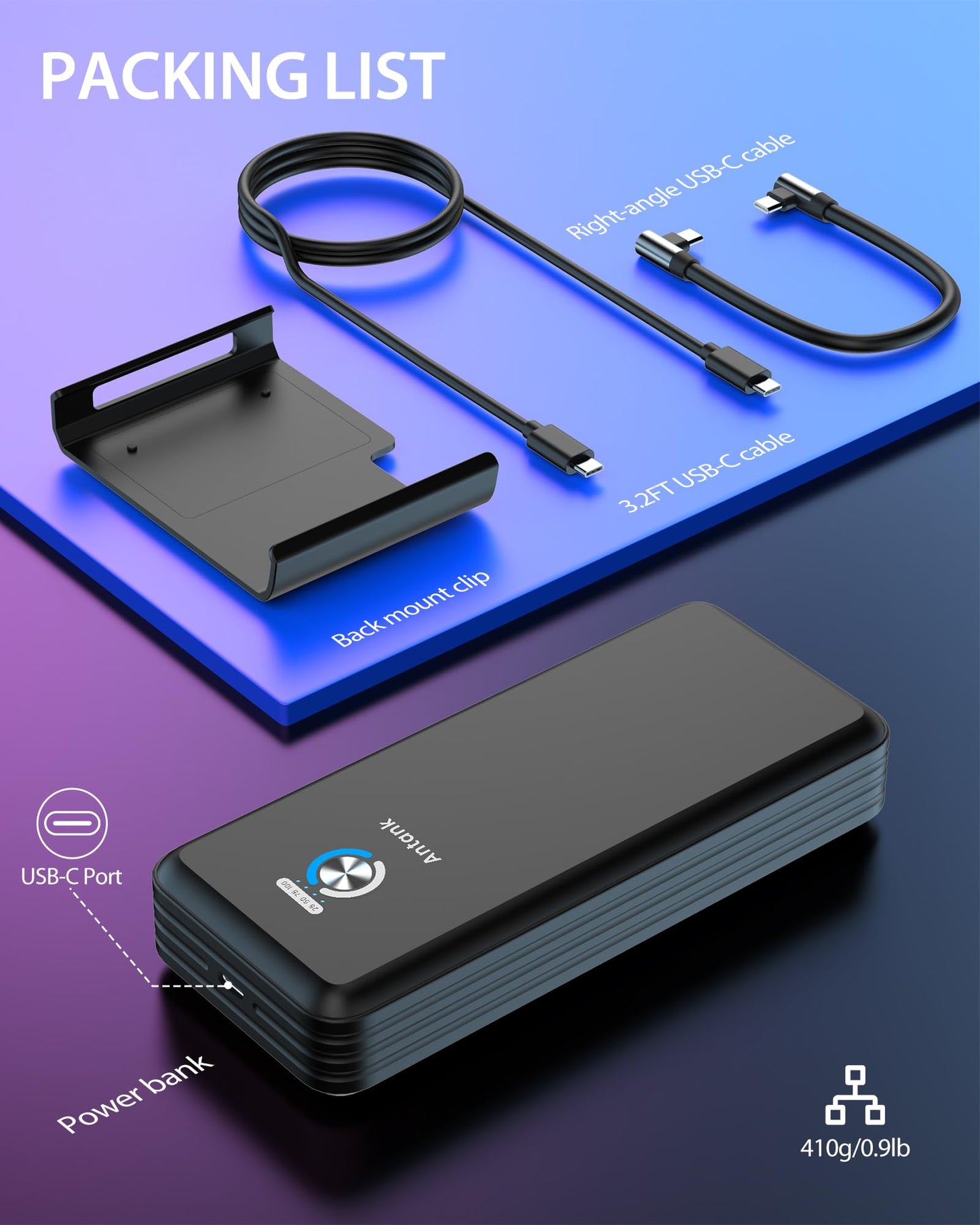 Antank Magnetic Power Bank Compatible with Steam Deck, 20000mAh 45W PD Fast 3.0 Charging Portable Battery Bank, External Battery Pack with Removable Magnetic Back Mount & Dual USB-C Cable