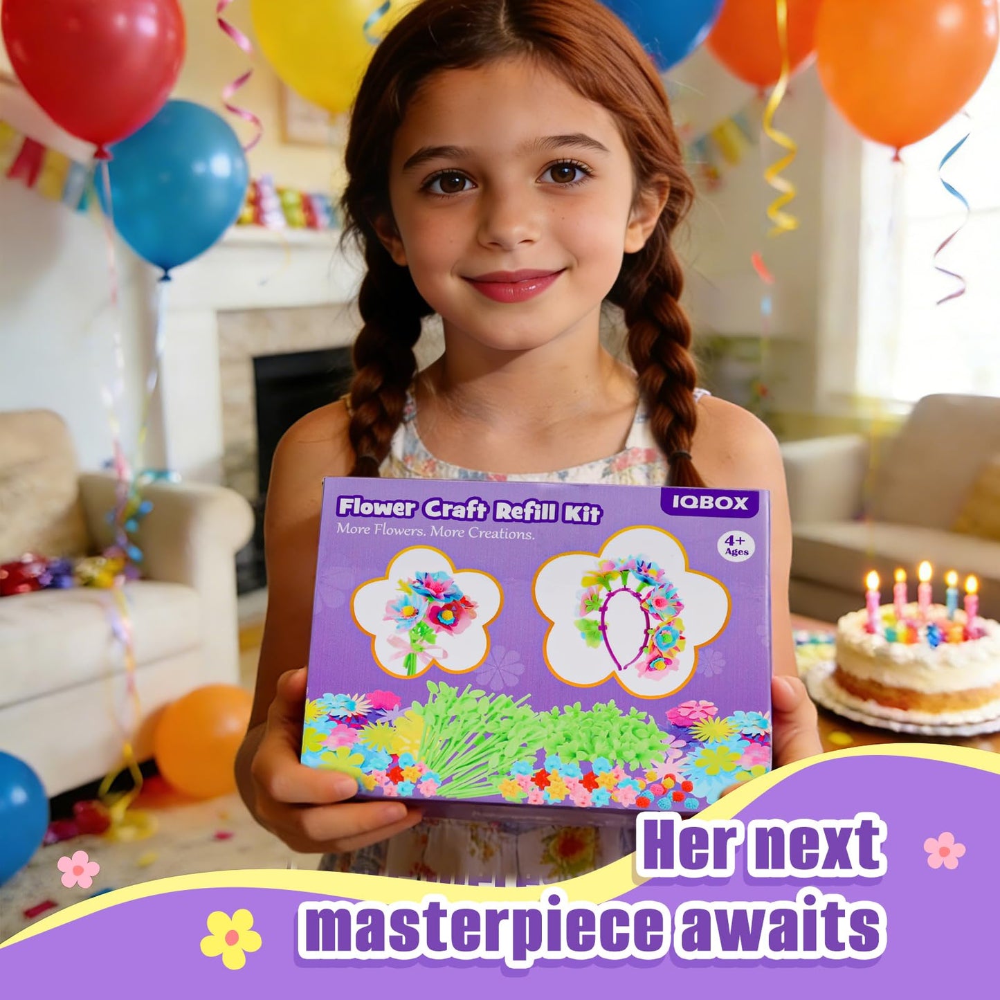 IQBOX Flower Craft Refill Kit for Kids Ages 4–8 – 217+ PCS Flower Making Accessories for Kids DIY Bouquet, Headband, Bracelet Supplies