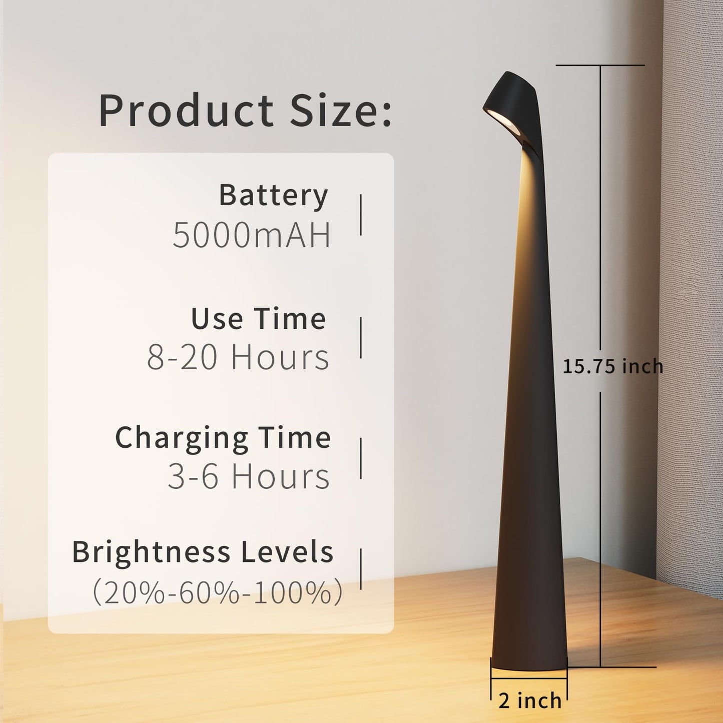 HAPYGI Portable Cordless LED Desk Lamp,Rechargeable Wireless Table Lamp, 3-Level Brightness, Patio Table Lamp, Bedside Night Light, Dining Room Ambient Light, Reading Light (Black)