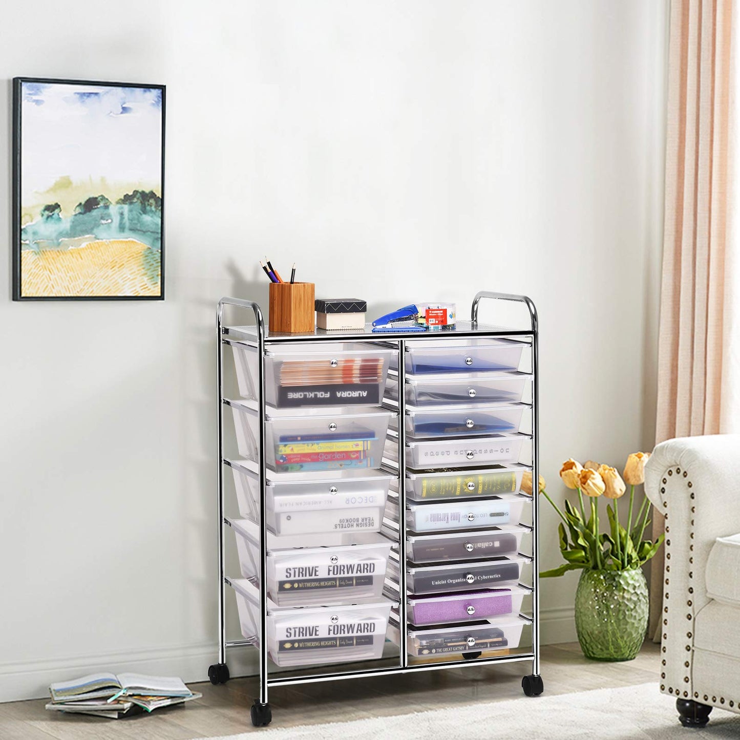 Fireflowery Rolling Cart with Drawers, Multipurpose Movable Craft Storage Cart, Plastic Utility Cart with Drawers for Rolling Cart for Teachers, Rolling Drawers for Home, School, Office (Clear)