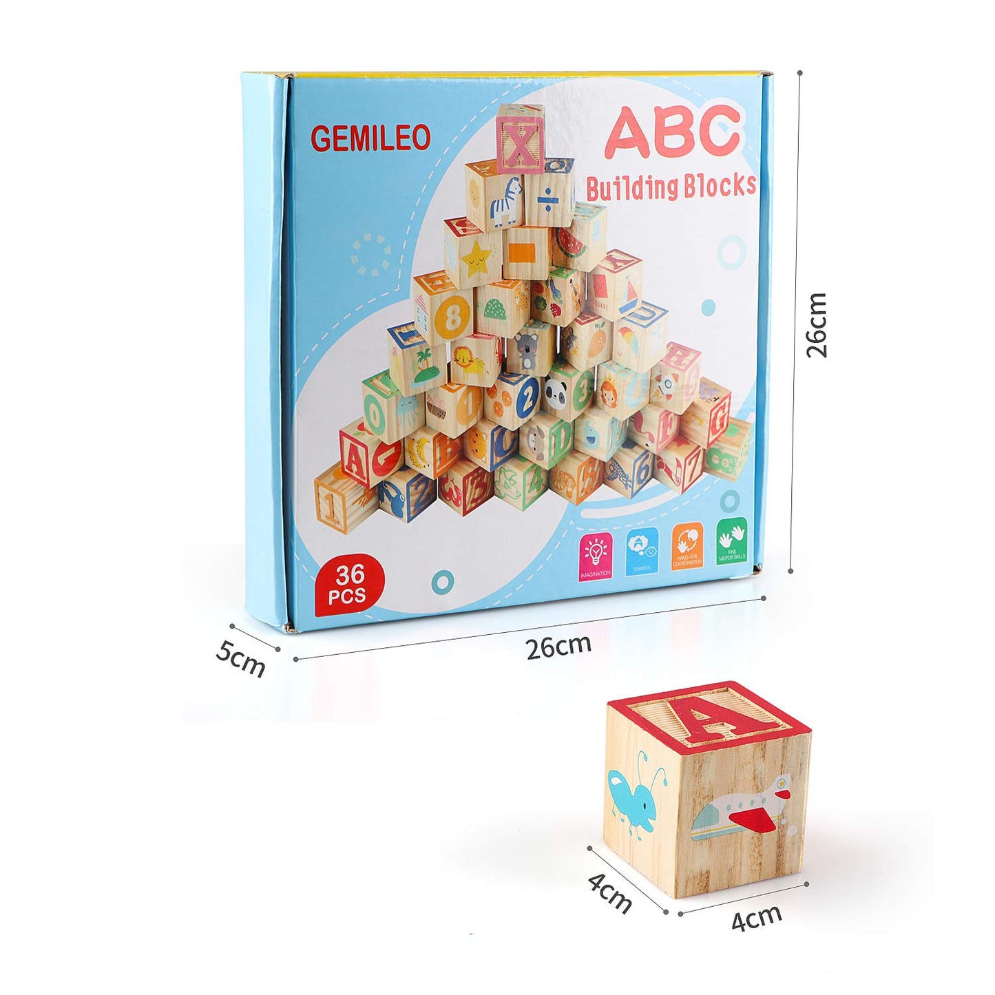 Gemileo - ABC Wooden Building Blocks for Toddlers 1-3 36 Pieces Wooden Alphabet Number Blocks for Stacking Learning Preschool Educational Montessori Sensory Toys for Kids