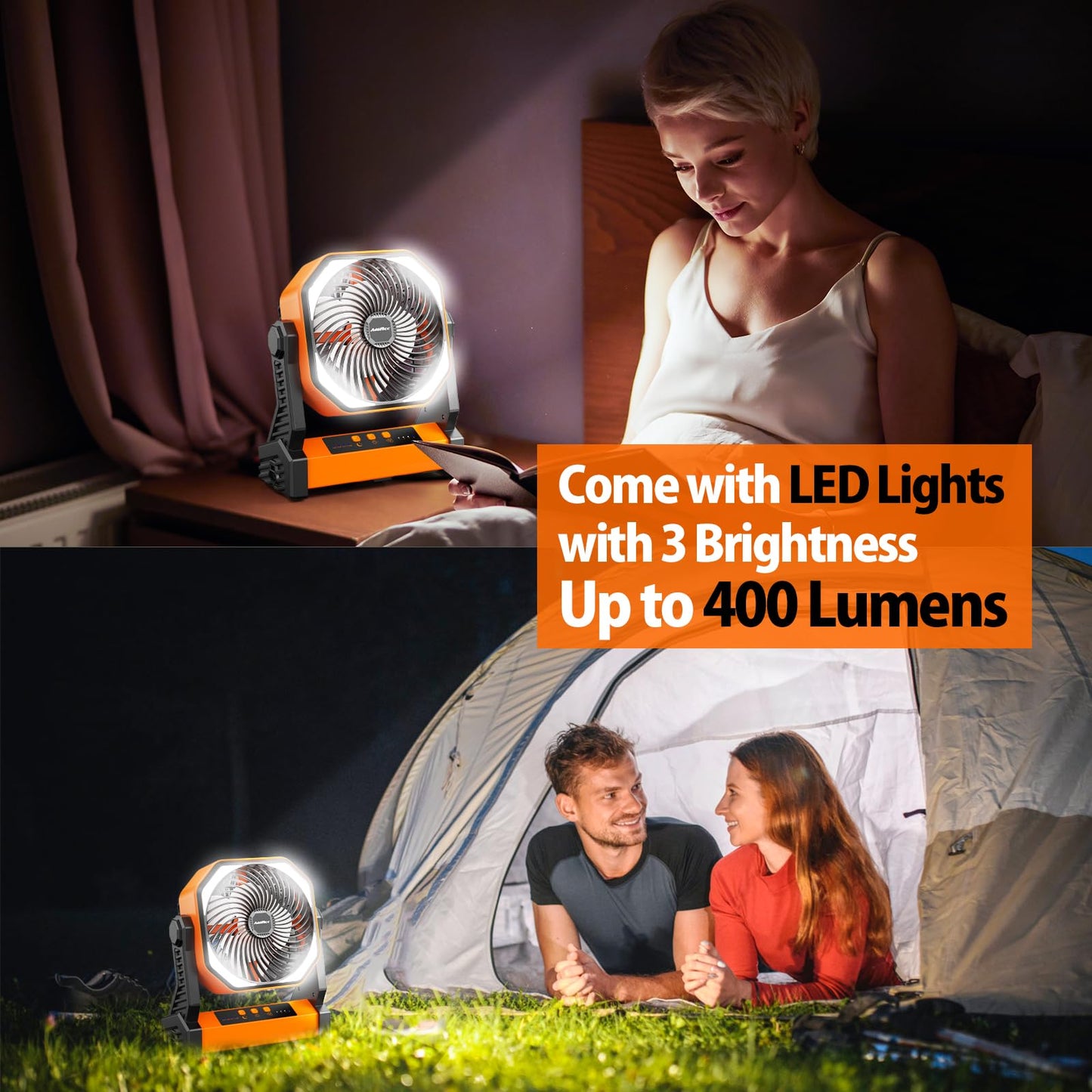 20000mAh Camping Fan, Rechargeable Battery Operated with 360° Rotatable Hook, 400 Lumes Light, 270° Pivot, 4 Speeds, 58Hrs Battery Powered Fan for Outdoor Tent Car Trip BBQ Hurricane Power Outages
