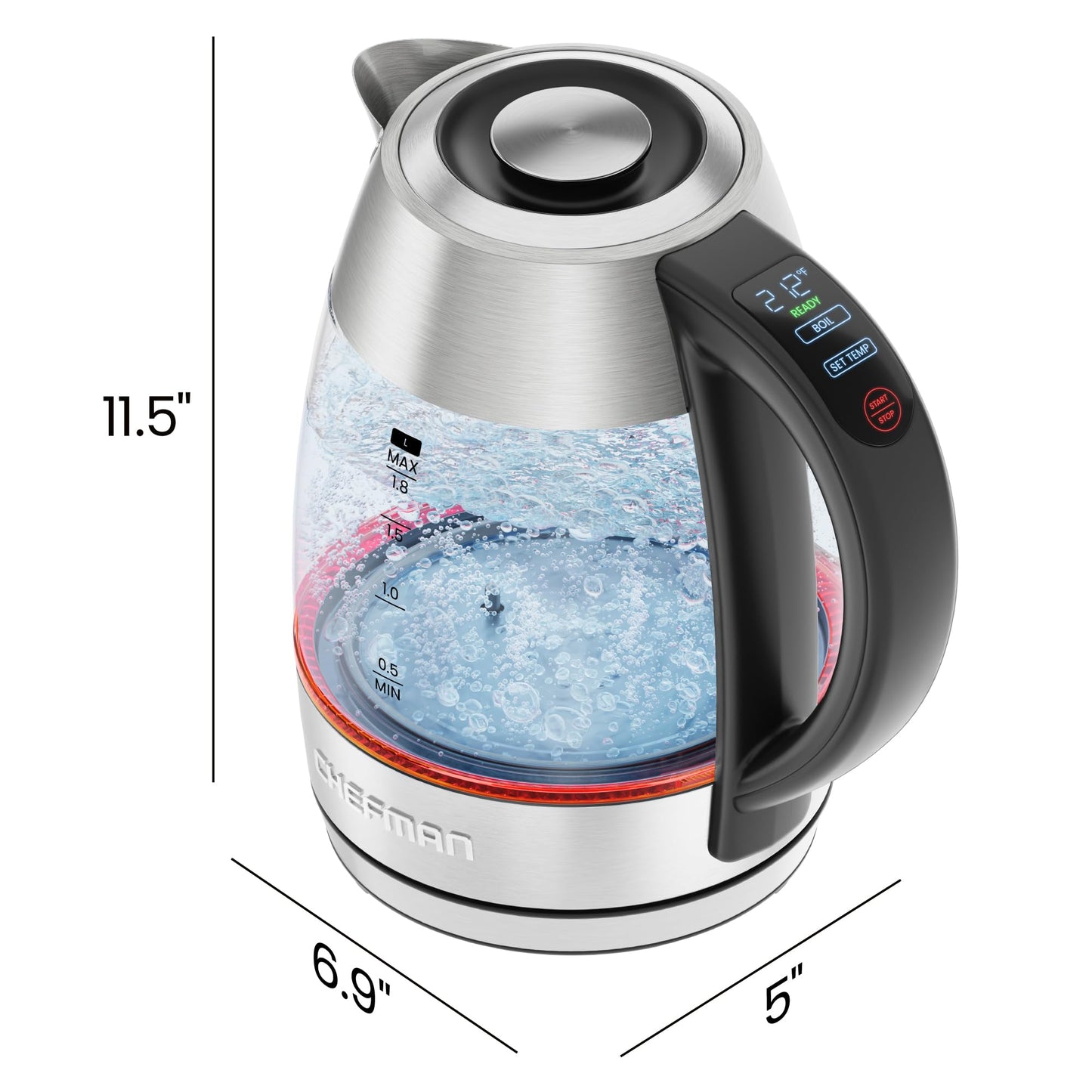 CHEFMAN Lightning High-Powered Electric Kettle, 1.8L 1750W, Rapid Boil 2 Cups in 2 Minutes, BPA Free Cordless Tea Kettle with Digital Temperature Control and 1-Hour Keep Hot – Stainless Steel