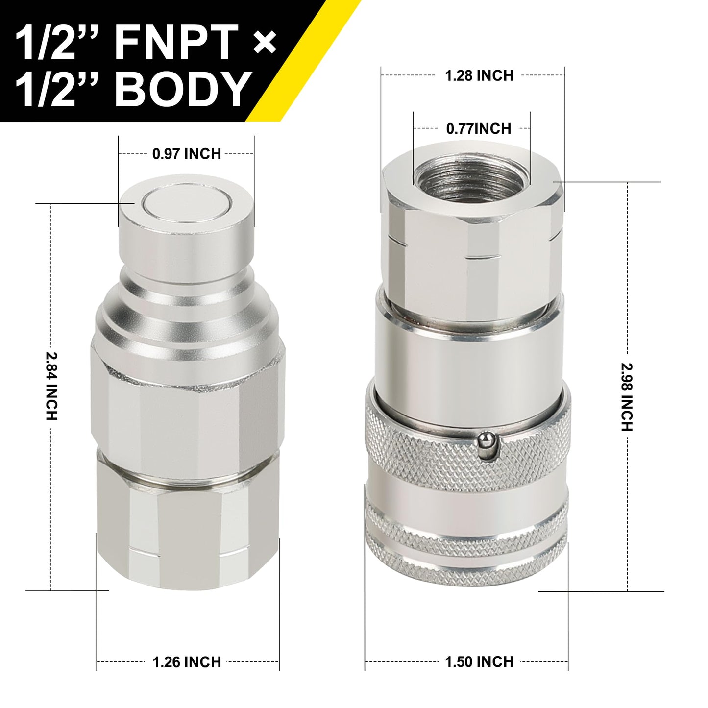 ANCIMOON 2PCS 1/2’’ NPT Flat Face Hydraulic Couplers, Bobcat Skid Steer Quick Connect Fittings with 4PCS Dust Covers