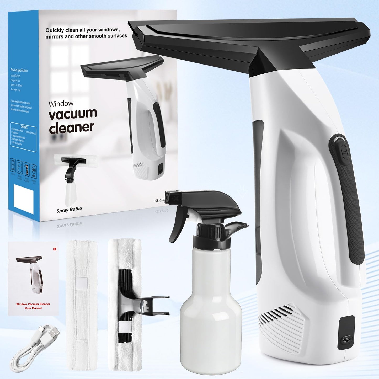 Window Vacuum Squeegee Cordless, Handheld Window Vac with Multi-Purpose Spray Bottle & Microfiber Cloth, Electric Cleaning Tool for Windows, Mirror, Countertop