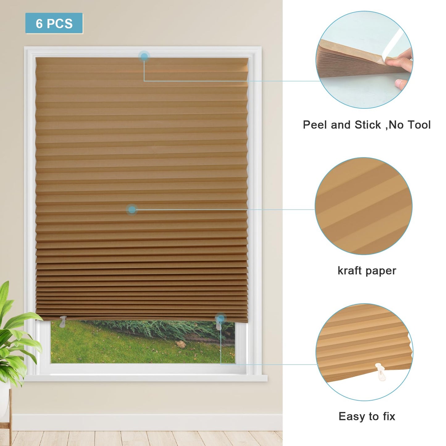 MYshade 6 Pack Temporary Blackout Paper Shades for Windows,Paper Pleated Blinds with Adhesive,No Tools No Drilling Free Cut Size Temporary Room Darkening Shades(Brown, 36" W x 72" H)