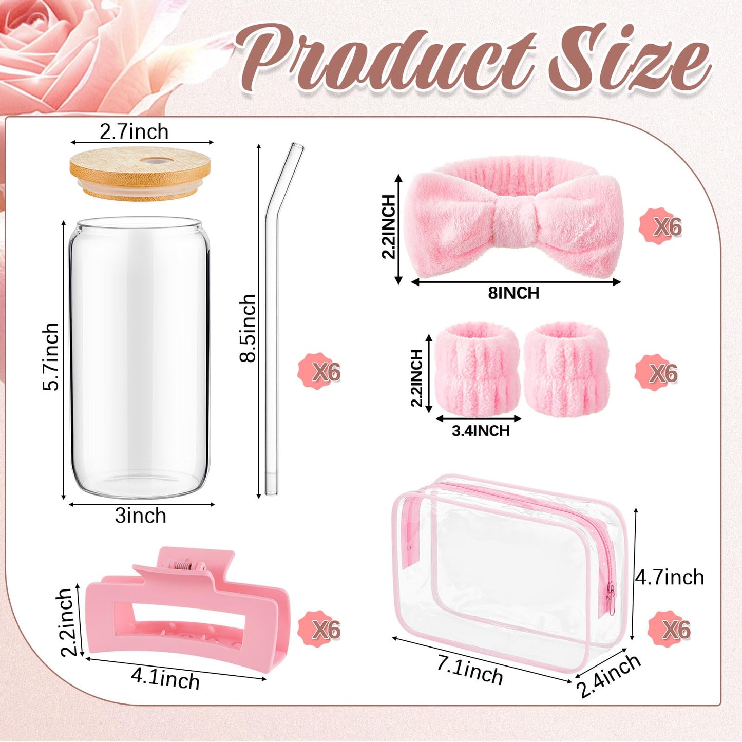 FoldTier 36 Pcs Spa Sleepover Party Favors Include 16oz Glass Cups With Bamboo Lids and Straws, Pink Headbands, Wristbands, Hair Claw Clips and Clear Cosmetic Bag for Girls Slumber Weekend Party Gifts