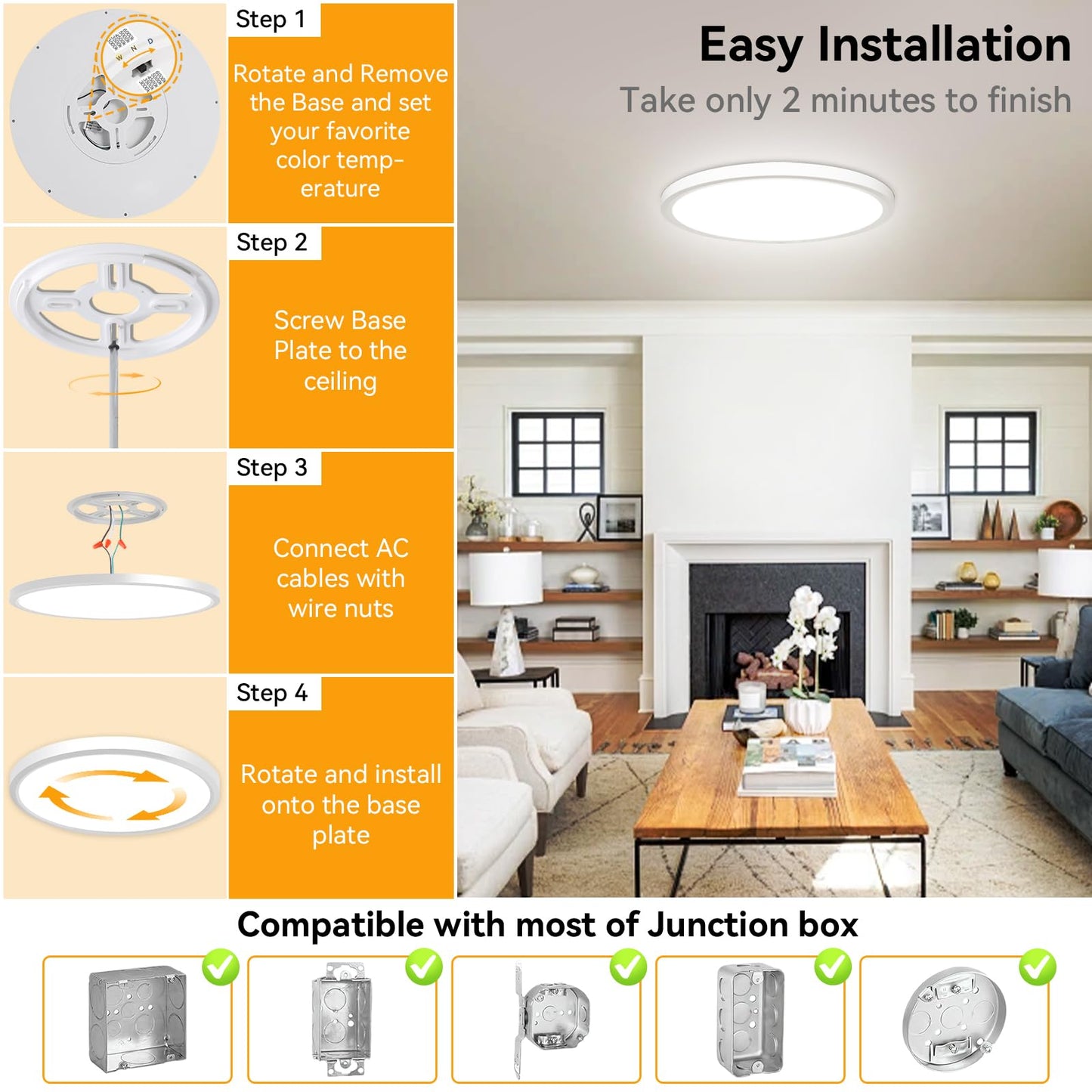 WKONCLDY 5CCT 3000k//3500k/4500k//5000k/6000k Selectable, Dimmable Led Flush Mount Ceiling Light, 20 Inch 5000LM Round Modern Flat Panel,Super Slim for Living Dining Kitchen Bedroom Room