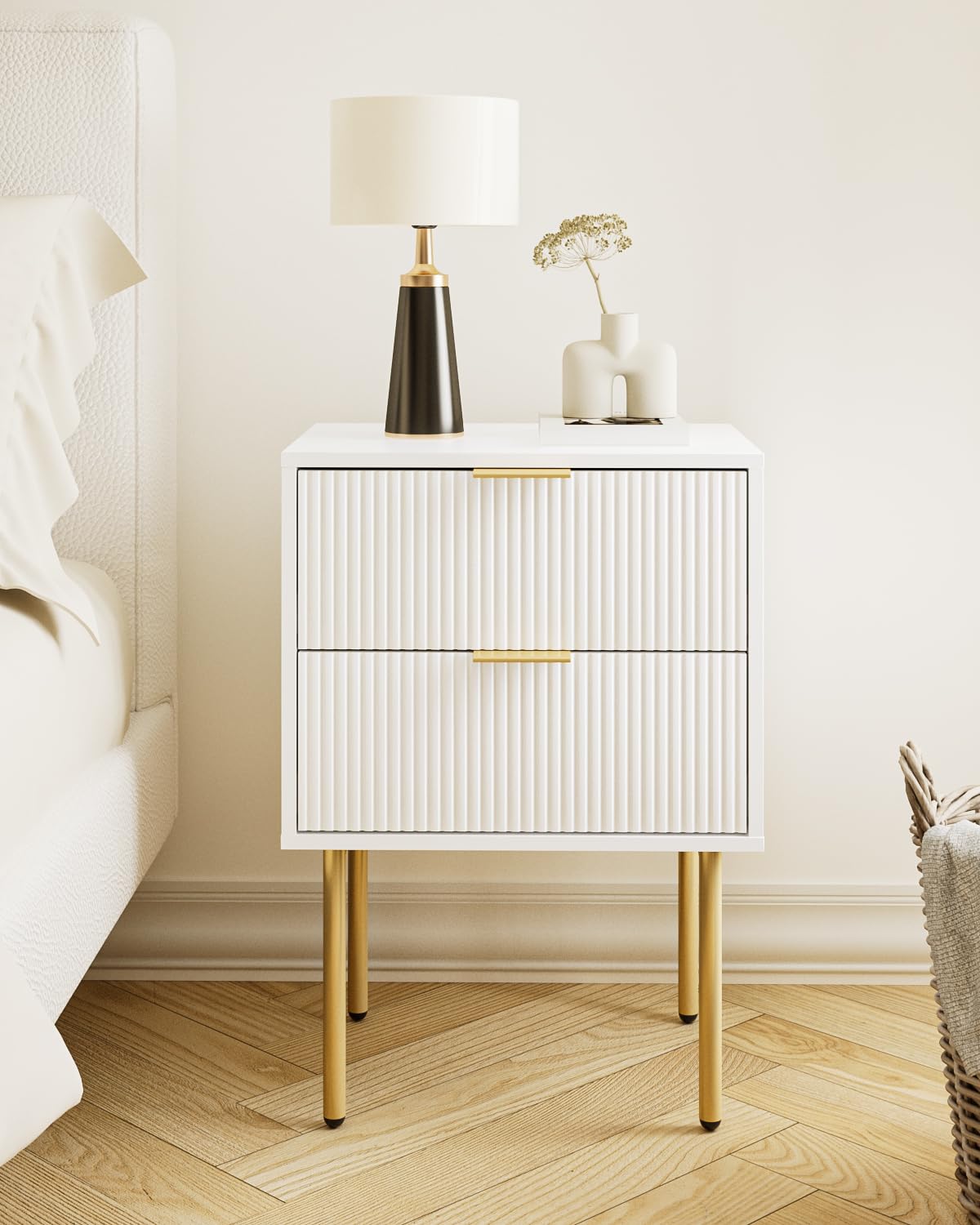 Aienvey Night Stand, Modern Nightstand with Drawers, Bedside Table, Gold Small Side Table for Bedroom, Living Room End Table (White Stripe, 2 Drawers)