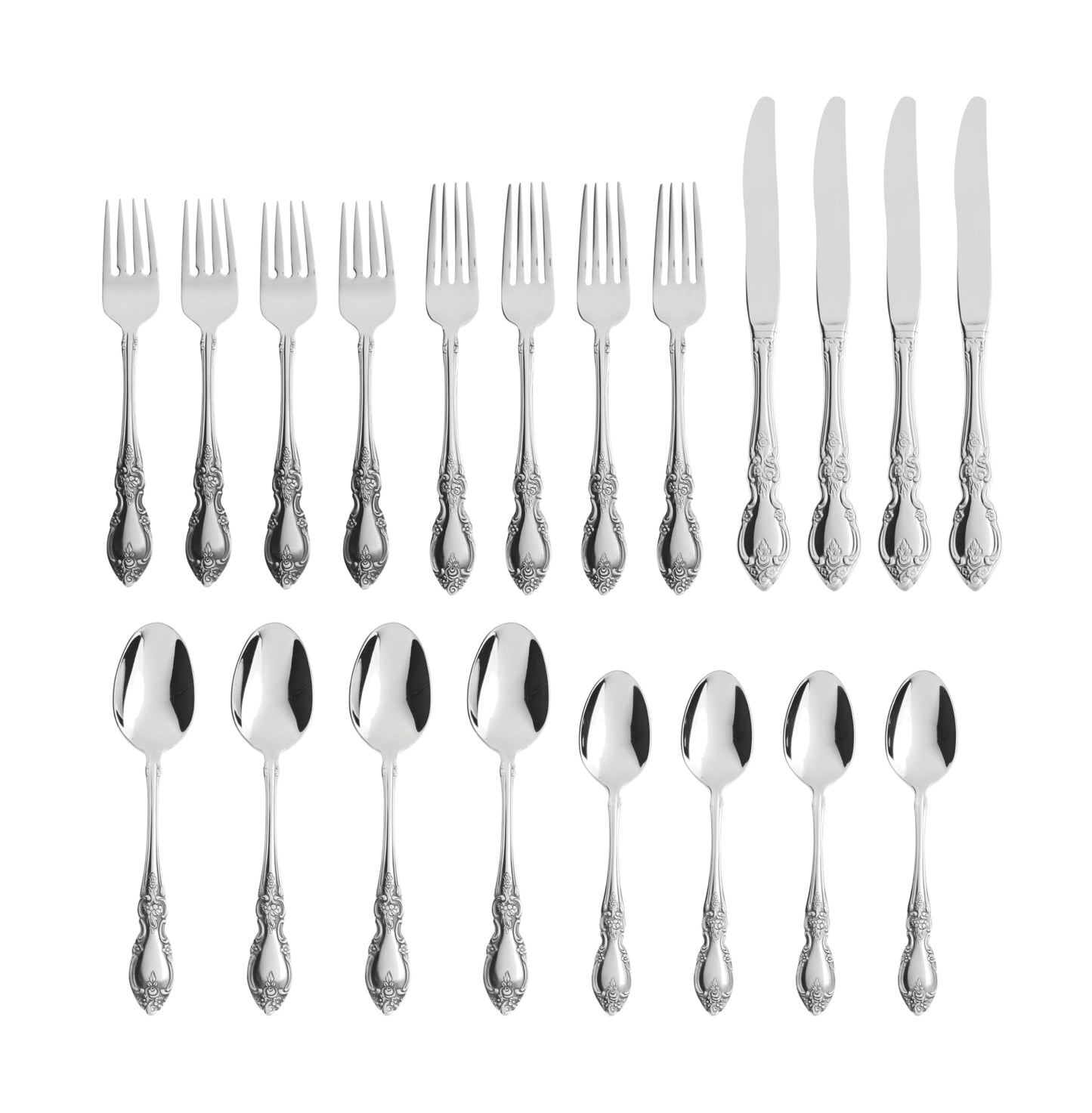 Oneida Silverware Set For 4, Louisiana 20-Piece Fine Flatware Set, Service For 4, 18/8 Stainless Steel, Silver, Mirror Finish, Knives Spoons and Forks, Dishwasher Safe, Tableware (Silver, 20 Pieces)