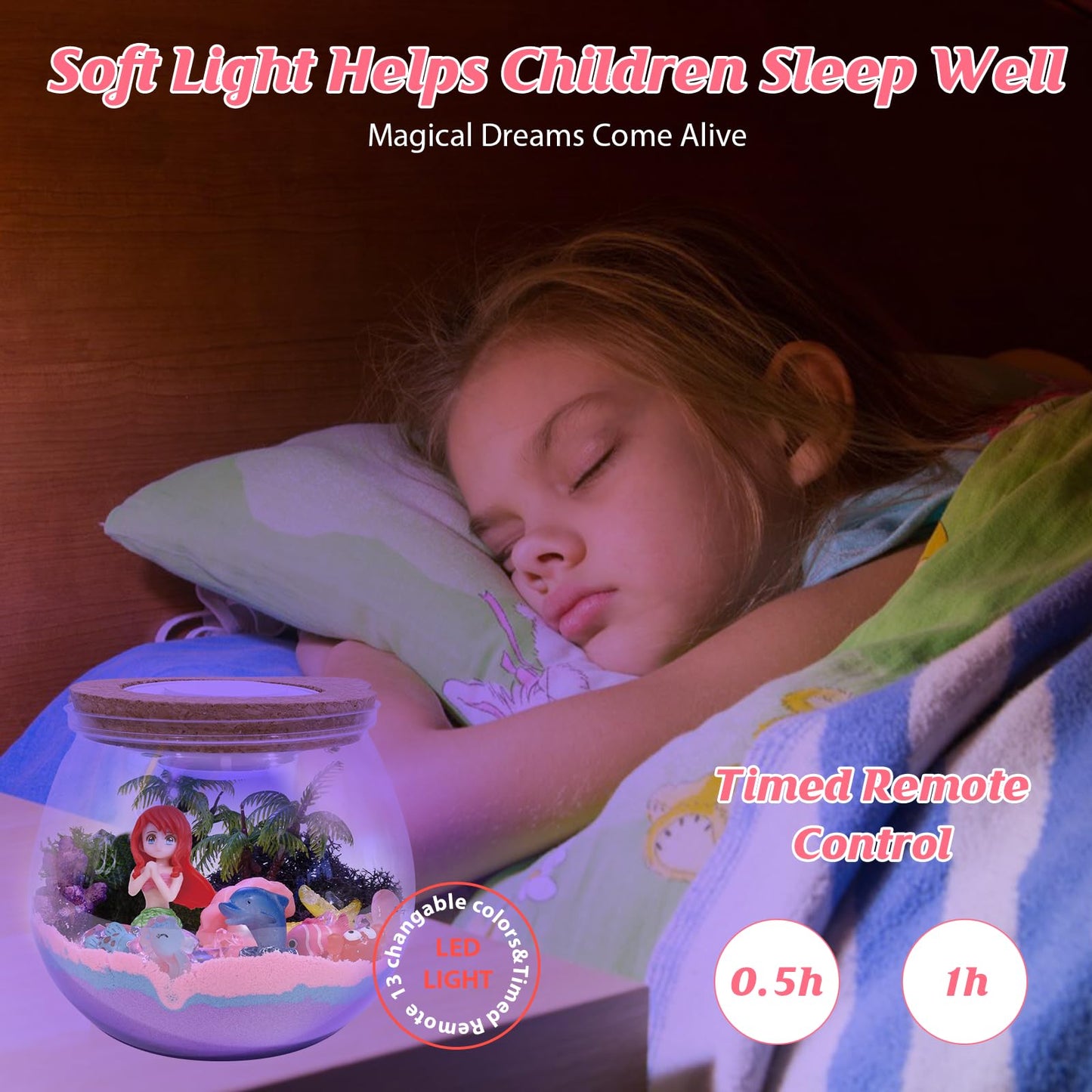 lonfypeng Mermaid Terrarium Kit - DIY Craft Kit for Girls Ages 4-12 - LED Night Light & Remote Control - Fantasy Themed Science Kit