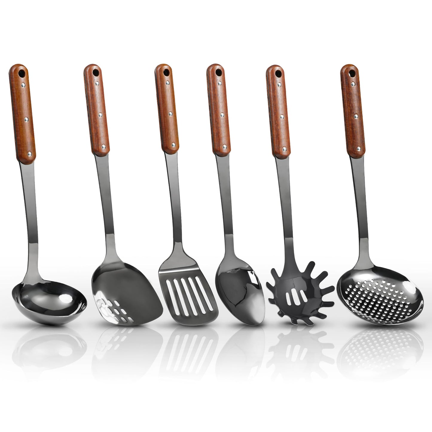 Stainless Steel Mirror Polished Kitchen Utensils Set - 6pcs Cooking Utensils Set with Wooden Handle, Heat Resistant Kitchen Tool Set for Cooking with Turners,Spatula,Ladle,Skimmer,Solid Spoon,Pasta