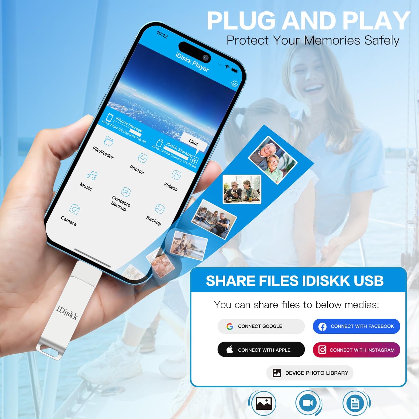 APP-LE Mfi Certified 128GB iDiskk iPhone Flash Drive for Photos and Videos Photo Stick iPhone Flashdrive USB Storage iPad iPhone Photo Saver Memoty Mac,iPad,PC Thumb Drive Auto Backup