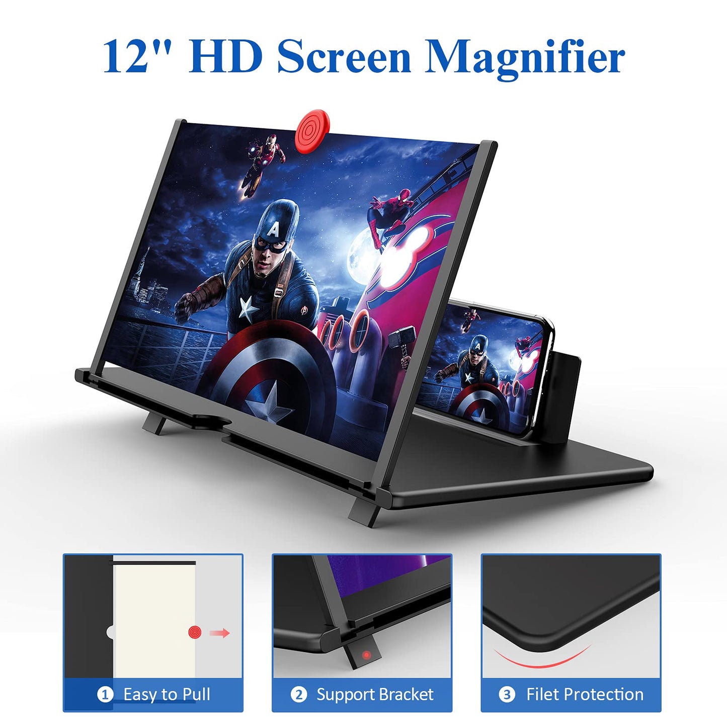 12" Screen Magnifier –3D HD Mobile Phone Magnifier Projector Screen Enlarger for Movies, Videos, and Gaming–Foldable Cell Phone Stand with Screen Amplifier–Supports All Smartphones (Black, 12inch)