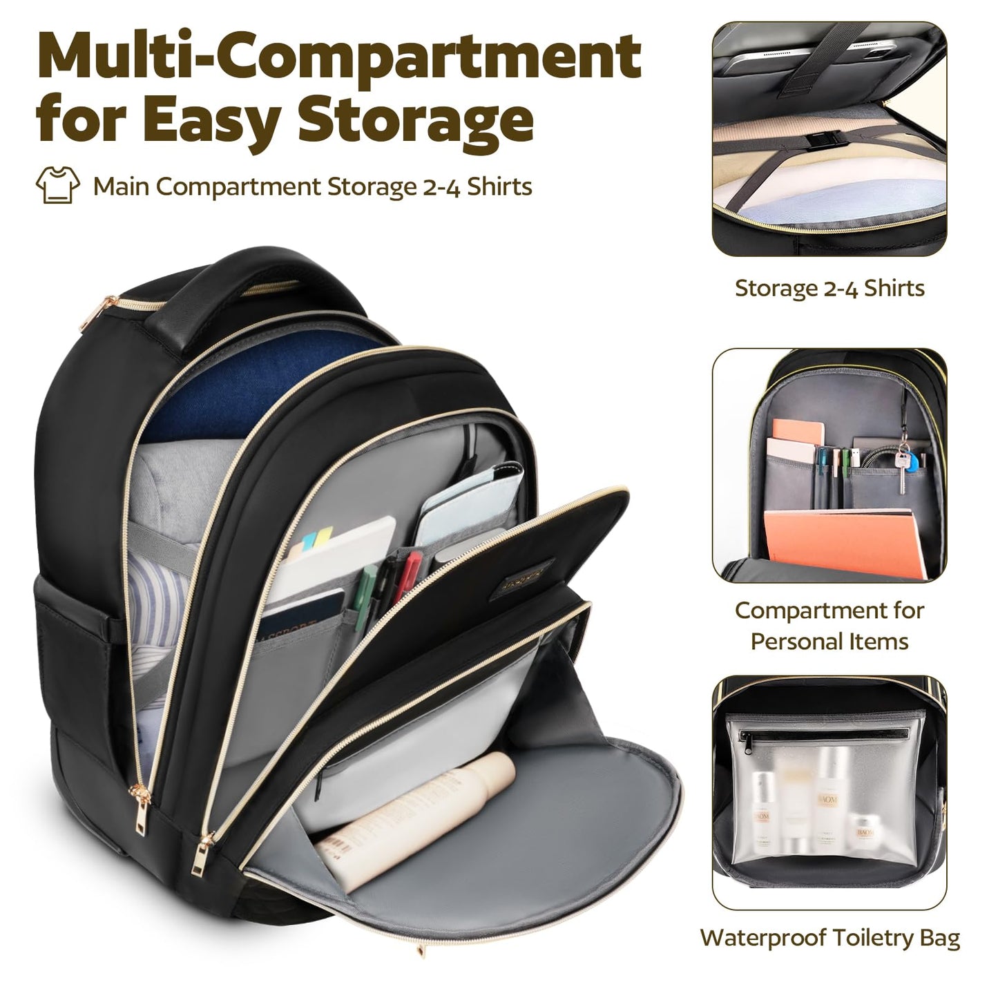 Arcoyard Small Rolling Backpack for Women, Lightweight Travel Backpack with Wheels, Roller Backpack for Adults, Water Resistant Rolling Laptop Bag, Wheeled Underseat Carry On Luggage, Black Gold