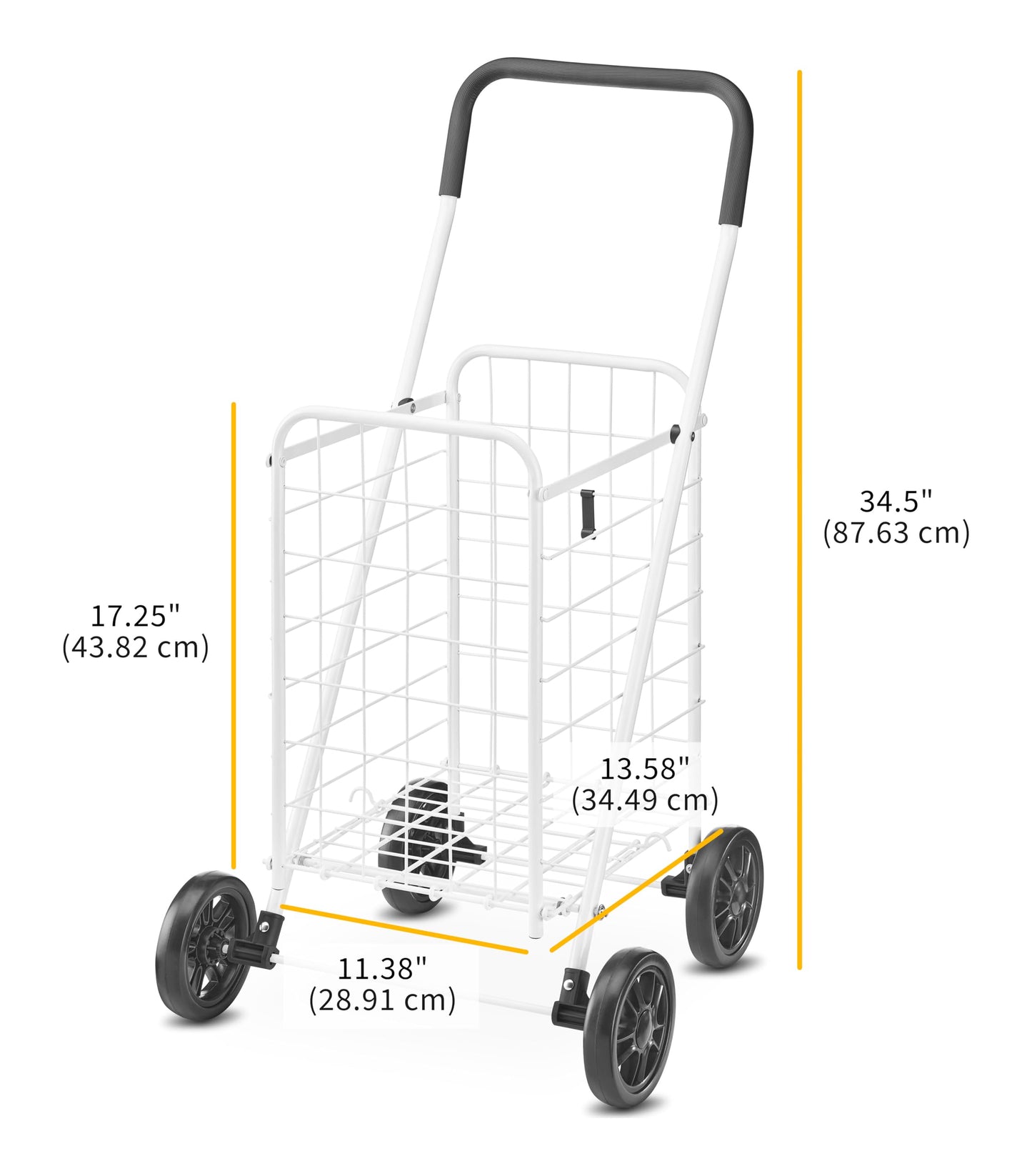 Whitmor Folding Utility Shopping Cart with Wheels, Heavy Duty Metal Grocery Cart, Portable Foam Handle, Rolling Collapsible Trolley for Groceries, Laundry, Storage, White