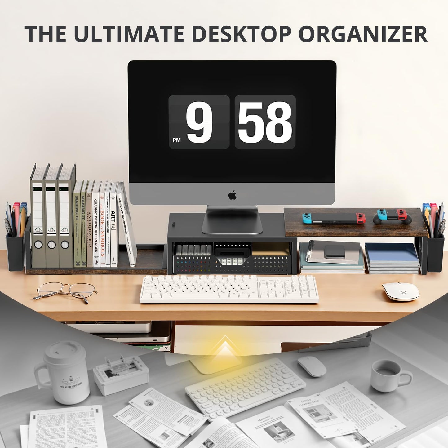 OPNICE Desk Organizers and Accessories, Dual Monitor Stand Riser with Drawer and 2 Pen Holders, Desk Shelf Wood Computer Racks for Office Workspace Organizers, Desktop Organization (Rustic Brown)