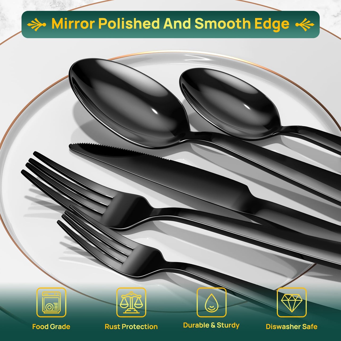 60 Pieces Black Silverware Set, Premium Stainless Steel Flatware Set for 12, Yoehka Mirror Polished Tableware Cutlery Set for Home and Restaurant, Include Knife/Spoon and Fork, Dishwasher Safe