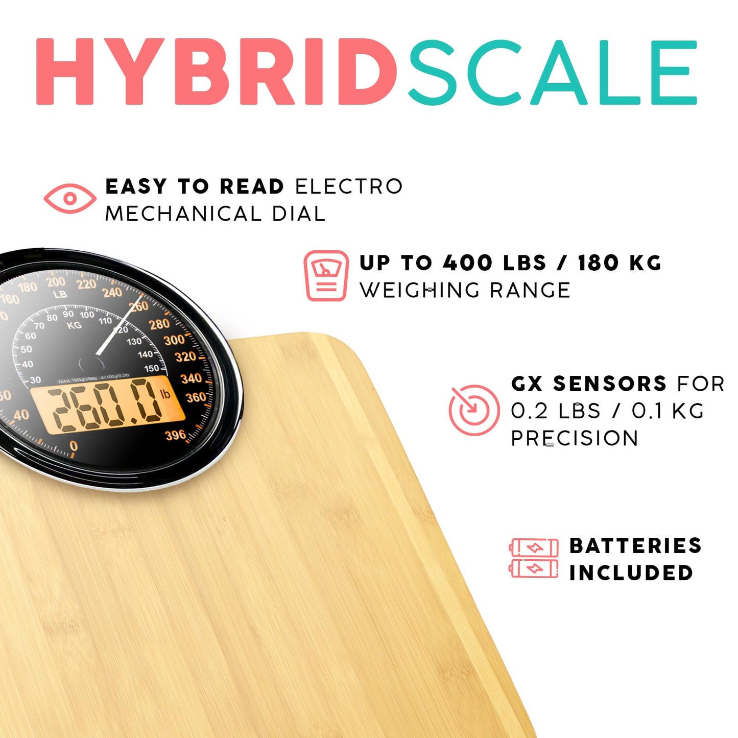 Adamson Hybrid 2-in-1 Analog & Digital Weighing Scale for Body Weight up to 400lbs + Thick Tempered Glass + Extra Large Display + Easy to Read Digital Bathroom Scale + New - Wood