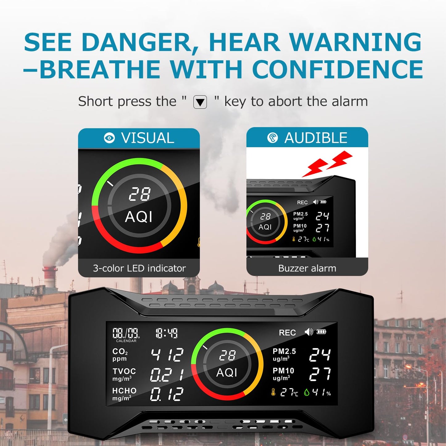Air Quality Monitor Indoor, Simbow CF-20 DL 7-in-1 Wildfire Monitor Detect (PM2.5, PM10, CO2, VOC, Formaldehyde, Humidity, Temp) Free Data Export, Air Quality Meter for Home Office School
