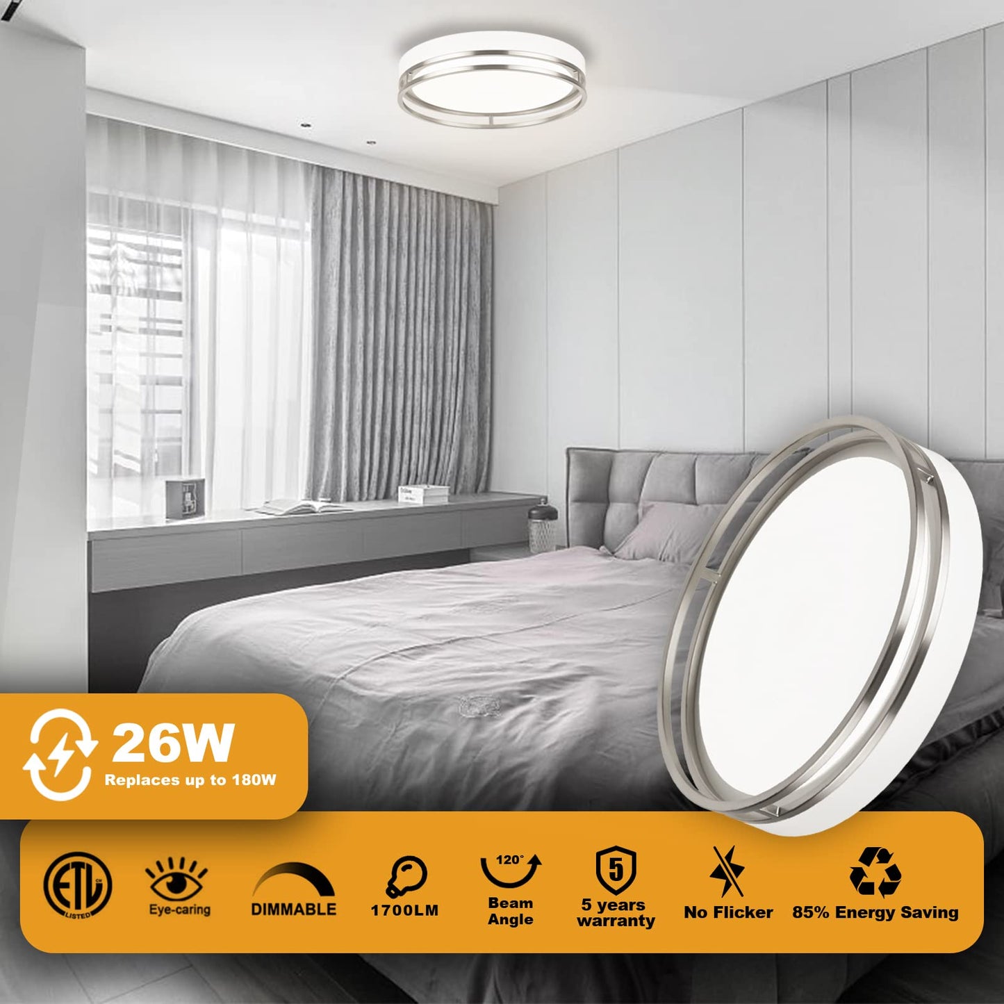 Flynix 12.5 Inch LED Flush Mount Ceiling Light Fixture, 26W, Super Bright 1700 Lumens, 3 Color 3000K/4000K/5000K, Dimmable Ceiling Lamp for Bedroom Hallway Bathroom Kitchen Laundry (White Nickel)