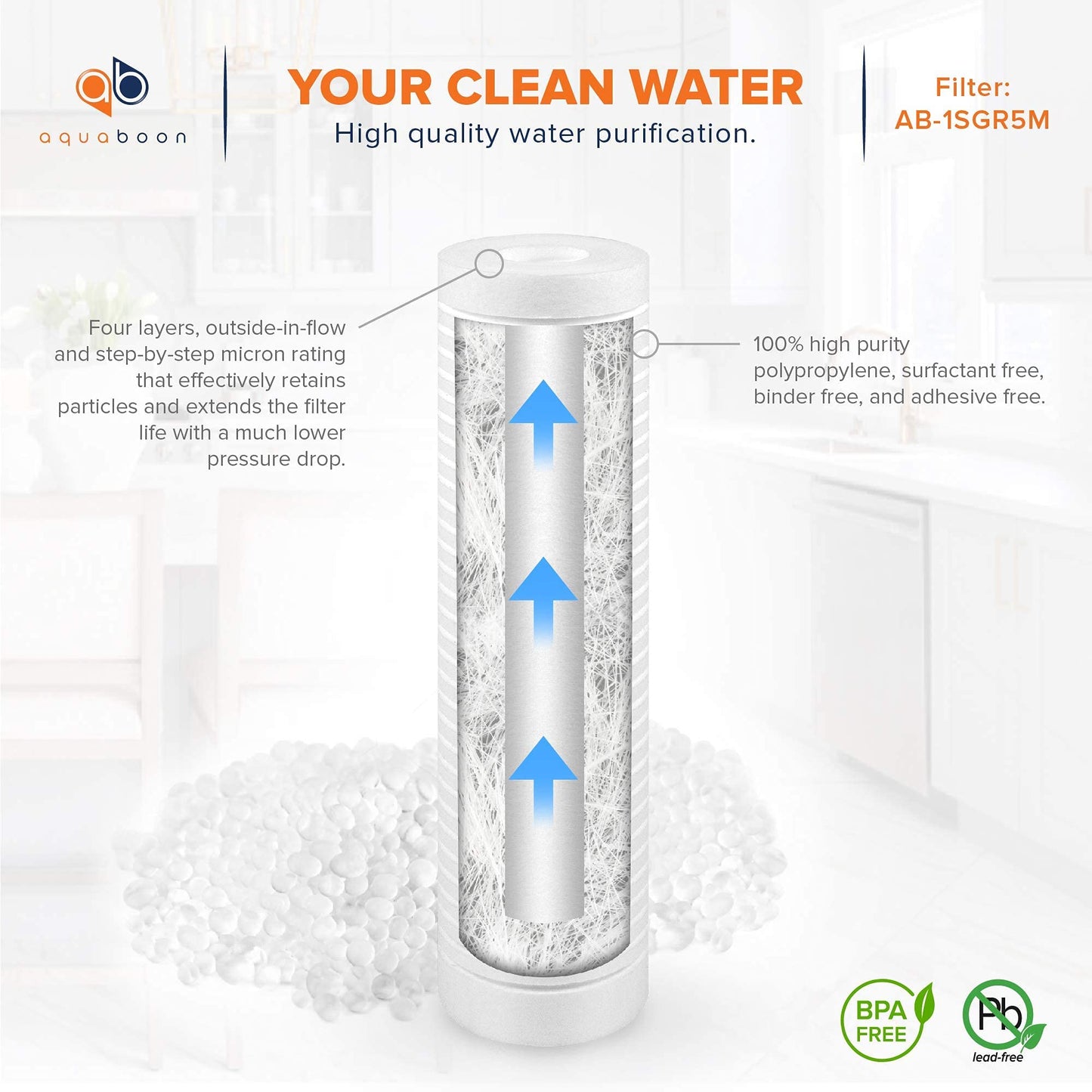 Aquaboon 5 Micron 10 x 2.5 Grooved Sediment Water Filter Replacement for Whole House Filter Cartridge Compatible with AP110, WHKF-GD05, CFS110, 25-Pack