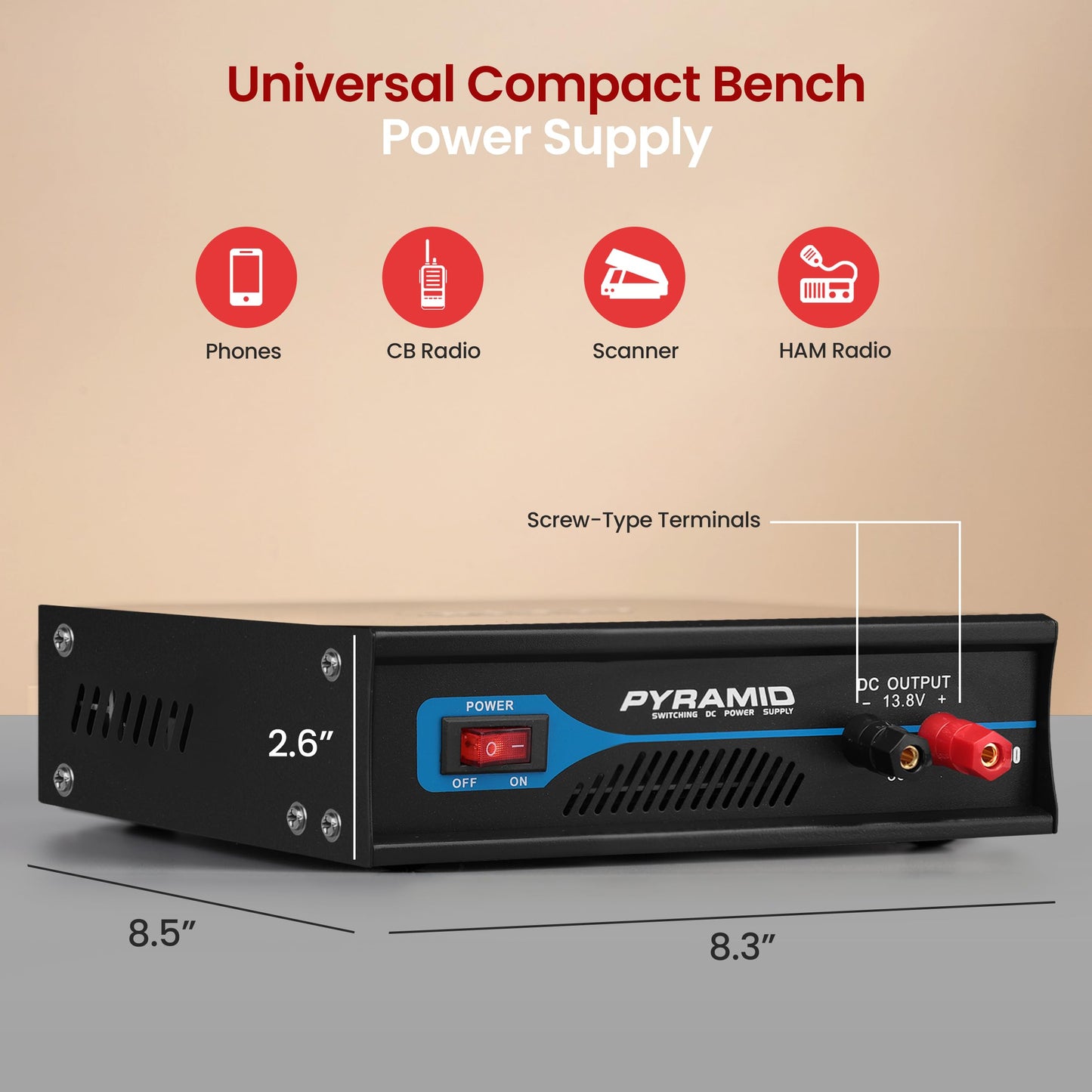 Pyle Universal Compact Bench Power Supply - 30 Amp Regulated Home Lab Benchtop AC-to-DC Converter w/ 13.8 Volt DC 115/230V AC Switchable, Screw Type Terminals, Cooling Fan - Pyle PSV300