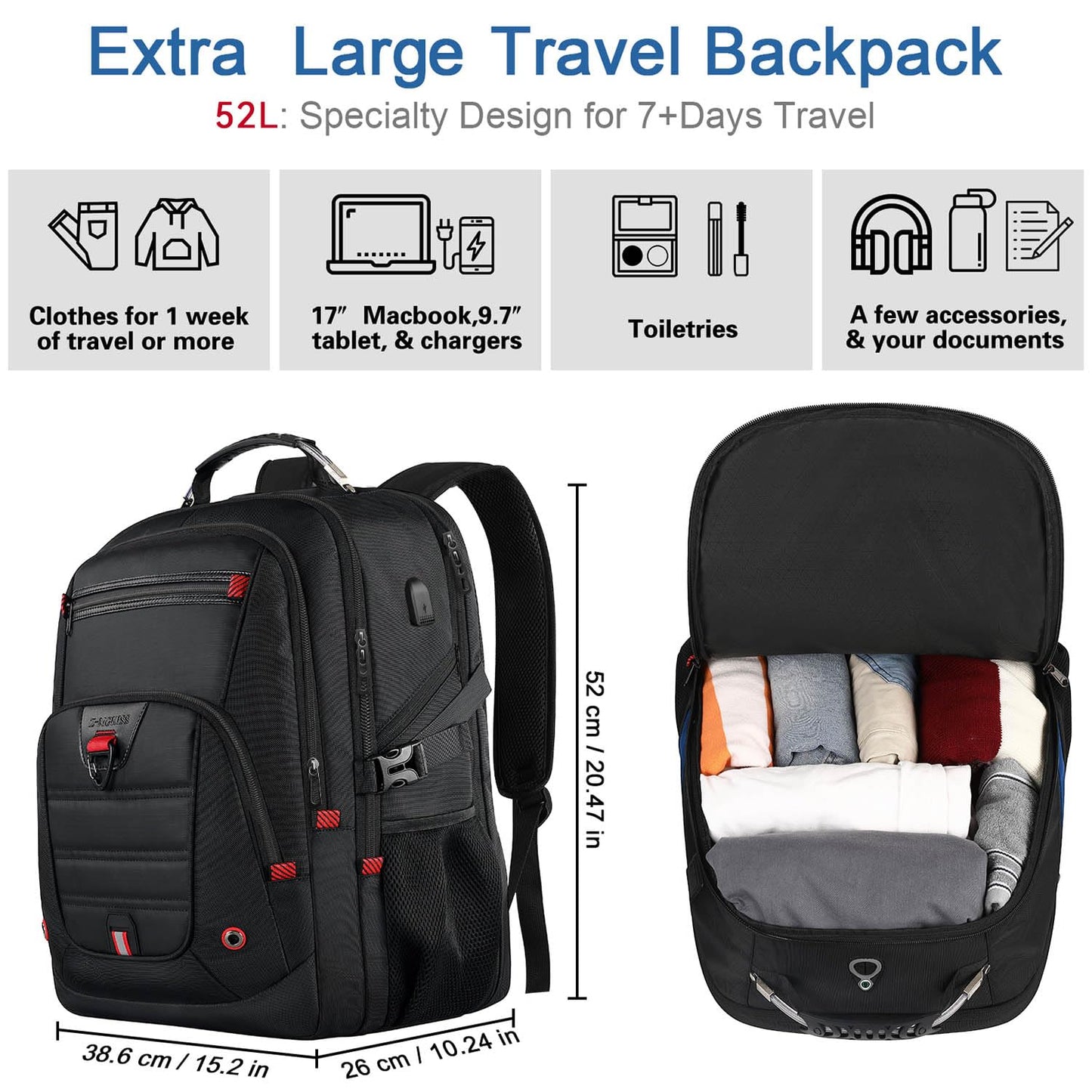 Z-MGKISS Extra Large Travel Backpack, TSA Backpack 17.3 Inch, 50L Anti Theft 17 Inch Big Business Laptop Backpack for Men & Women, Water Resistant College Rucksack Bag with USB Port, Black