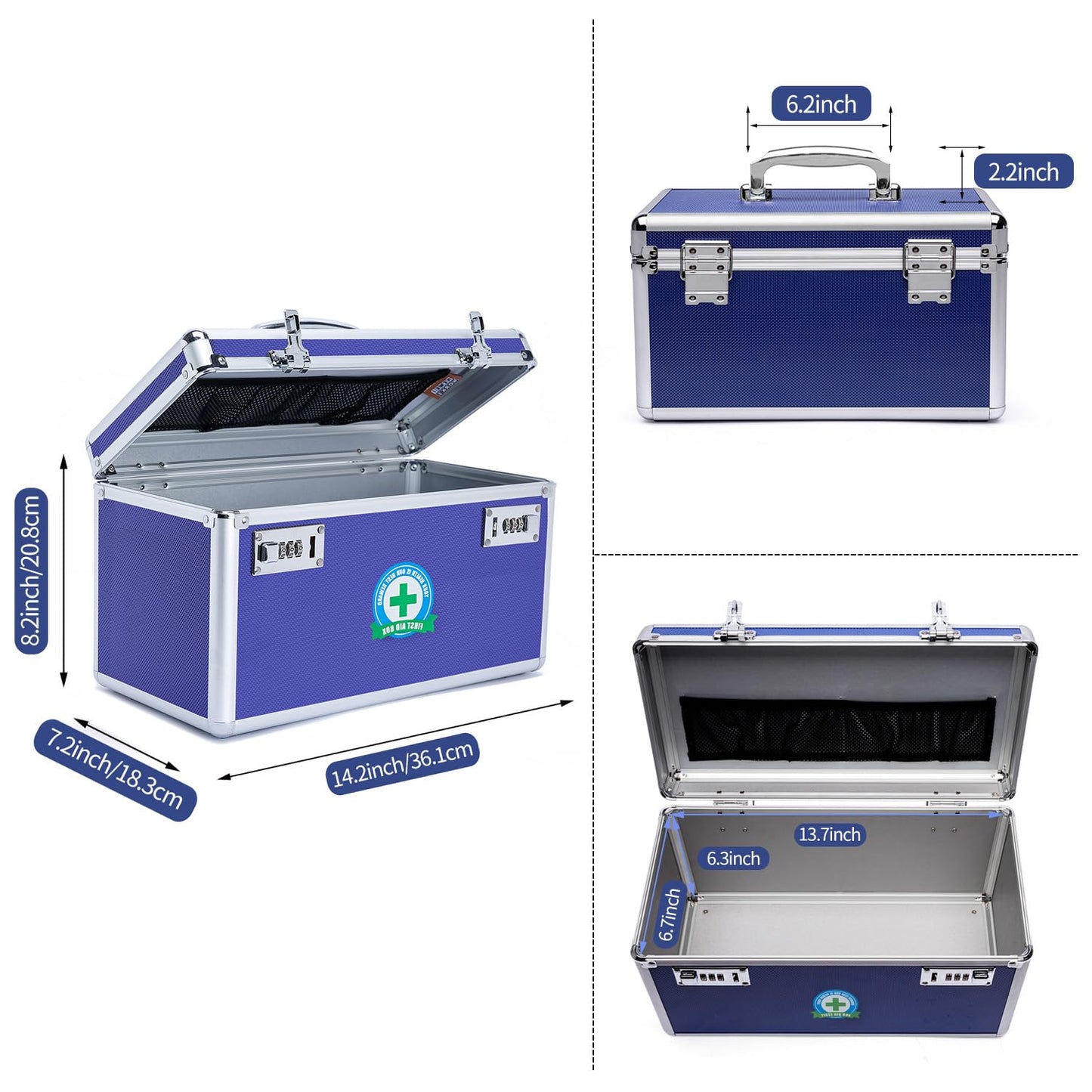 HEWEI WORKS Lockable Medication Box with Portable Storage Case, 14.2''x 7.2''x 8.2'', Childproof Medicine Lock Organizer, Locked Empty First Aid Storage Case (Blue/Large)