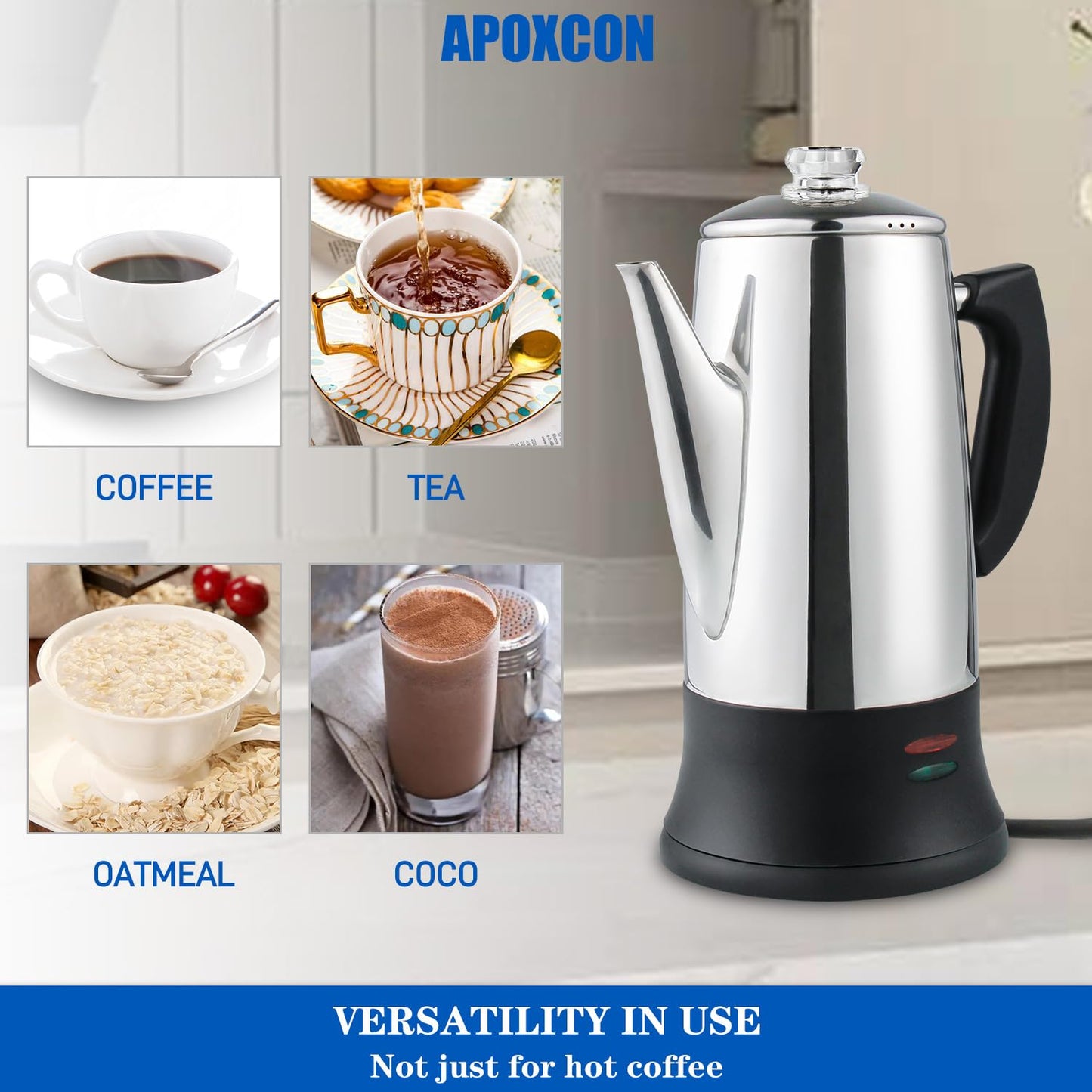 APOXCON Electric Coffee Percolator Stainless Steel Coffee Maker with Heat Resistant Tough Glass Clear Brew Progress Knob, Keep Warm & Cordless Serving Classic Coffee Pot with On/OFF Switch 12 Cup