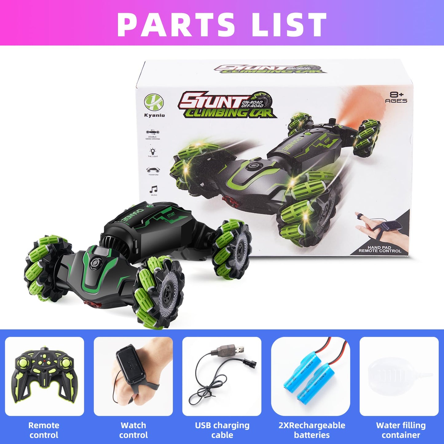 Kyanio Gesture Sensing RC Stunt Car with Light & Music & Spray - Remote Control Cars for Boys 8-12 Toys, Best Birthday Gift for Kids 6 7 8 9 10 11 12+ Years Old, Cool Hand Controlled Drift Fast RC Car