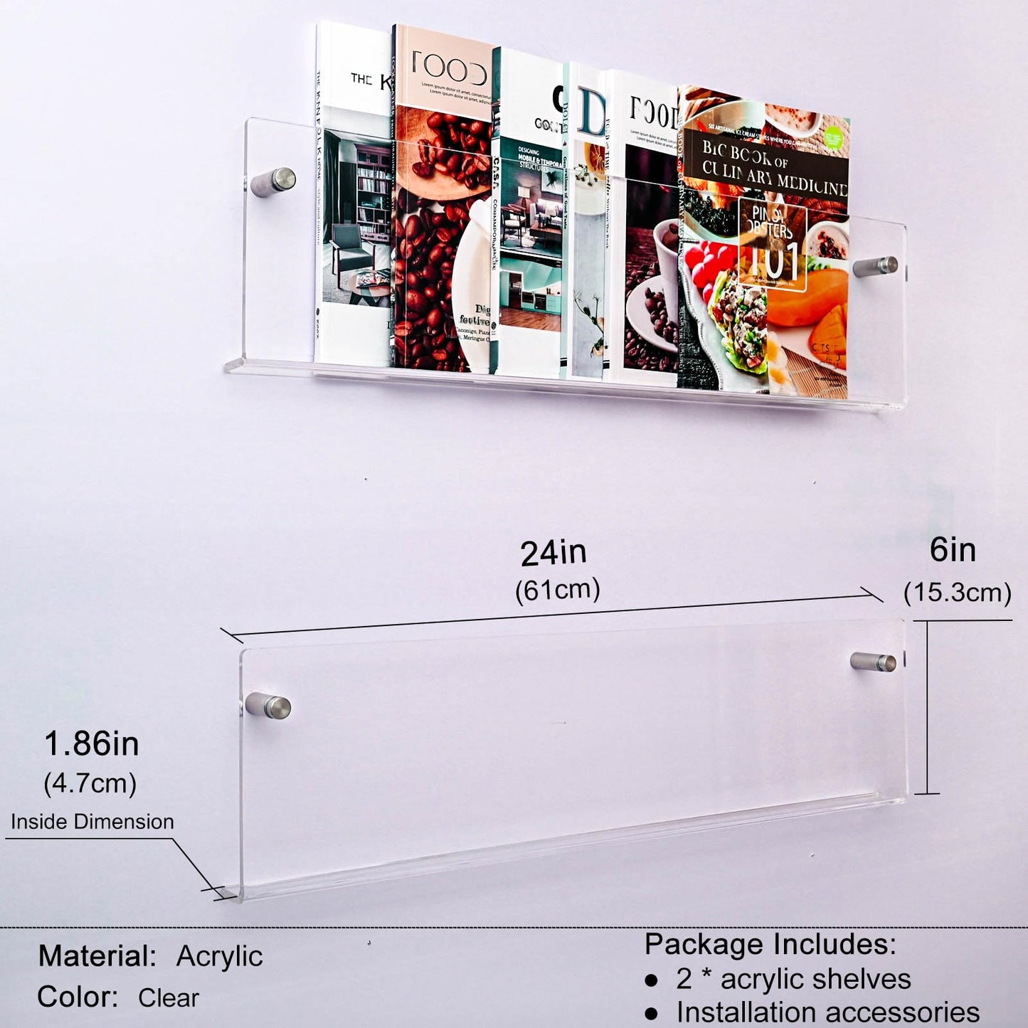 XOHYW 2 Pack 24 Inch Clear Acrylic Magazine Holder, Floating Brochure Display, Invisible Record Holder Magazine Rack, Hanging Bookshelf Literature for Waiting Room, Office, Home
