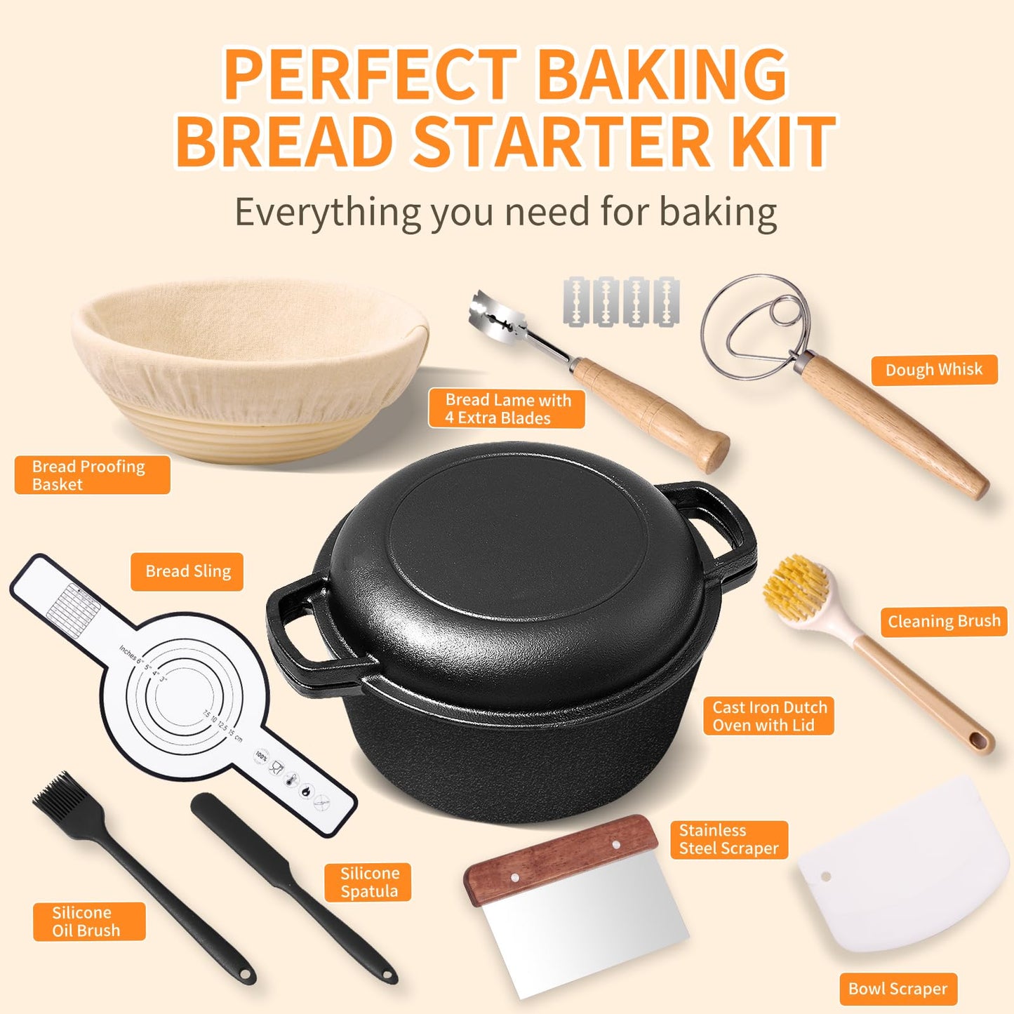 Pre-Seasoned Cast Iron Dutch Oven for Bread Baking - incl. Sourdough Bread-Baking Supplies like Proofing Basket, 2-in-1 Dutch Oven Pot with Skillet Lid and Dual Handles, Sour Dough Tools, Lame, 5QT