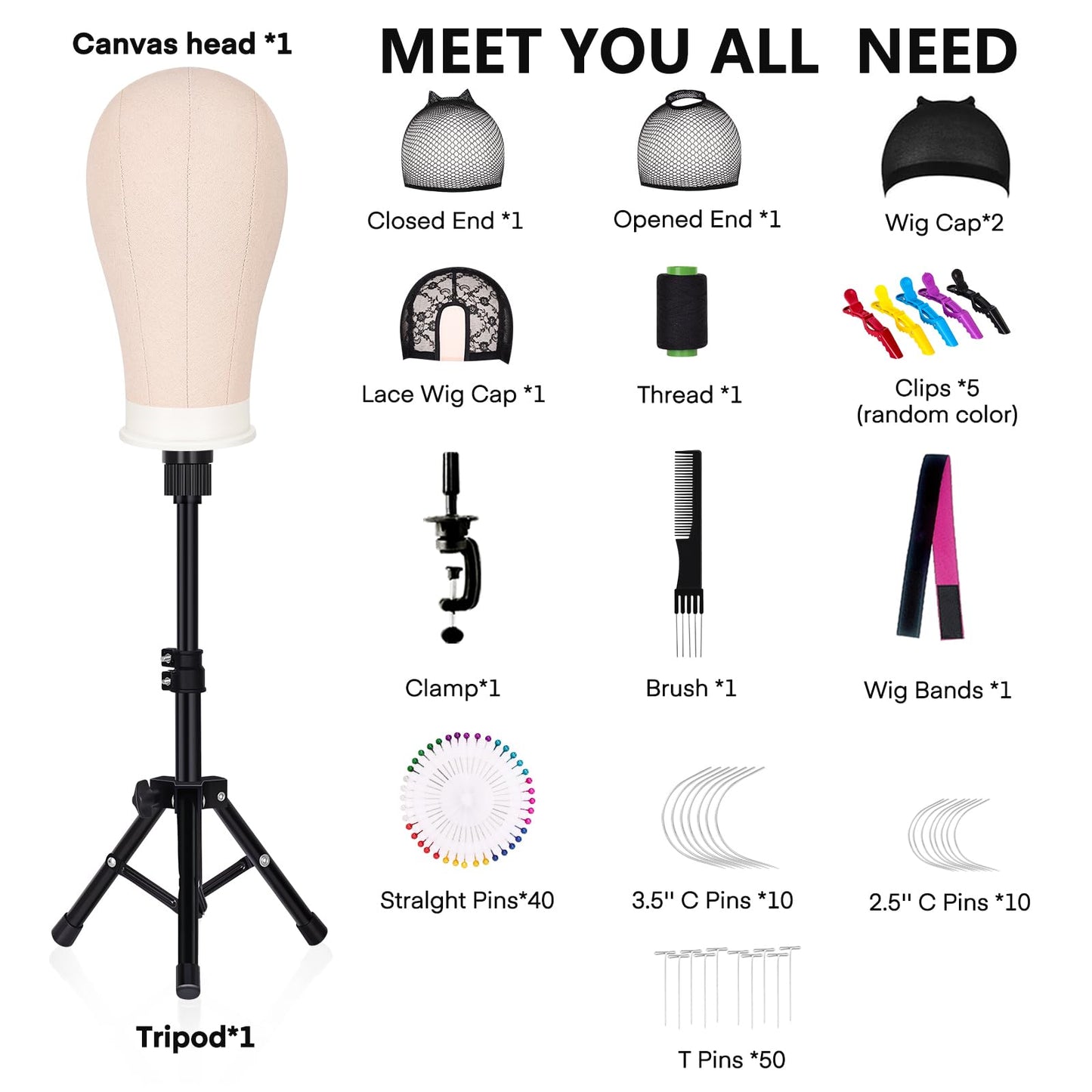 GHWMYD 22 Inch Canvas Wig Head Mannequin HeadWig Stand Tripod Manikin Canvas Head Set for Wigs Making Display Styling Head with Tripod Table Clamp Wig Caps Pins Set Hair Brush, Clips (Beige