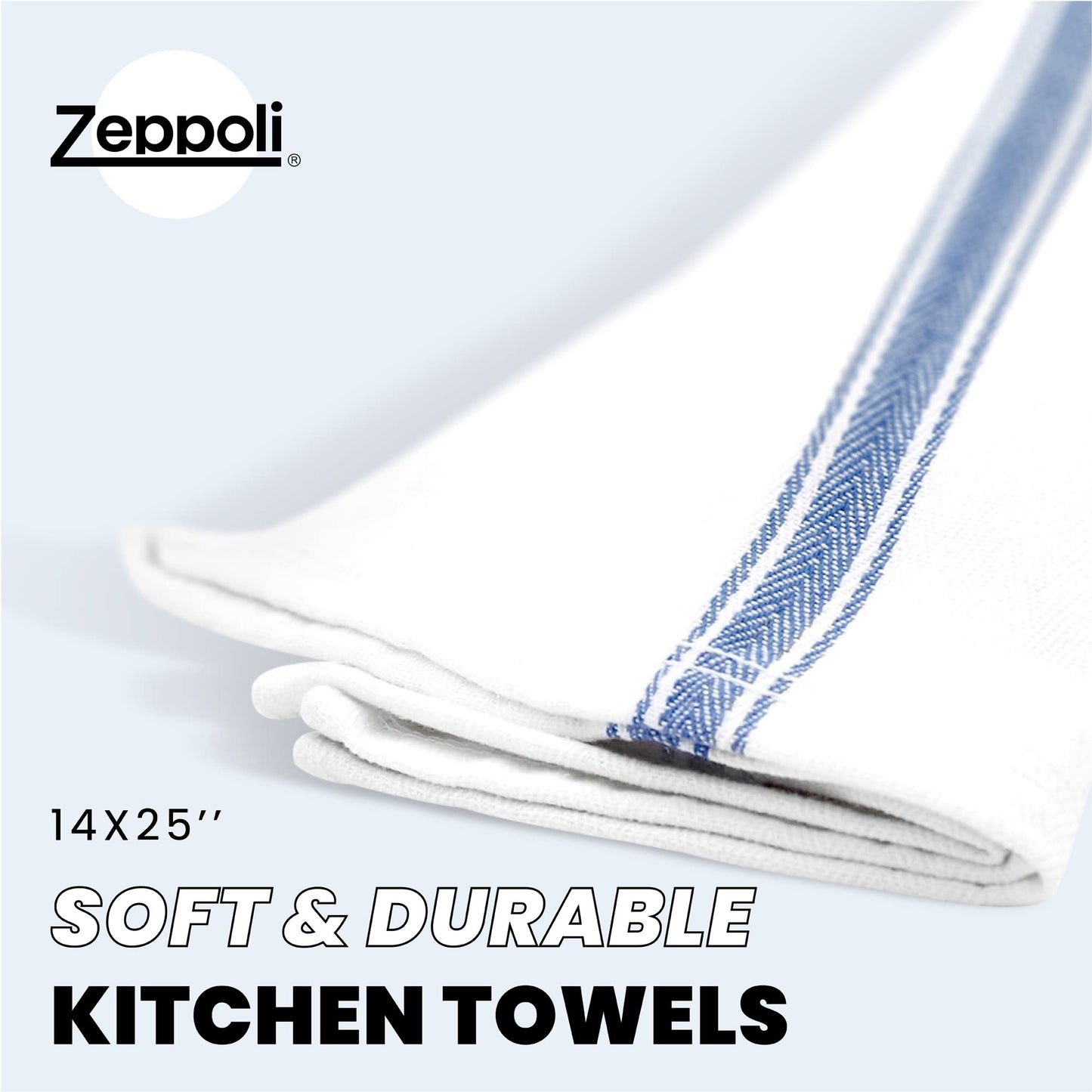 Zeppoli Classic Dish Towels - 15 Pack - 14" by 25" - 100% Cotton Kitchen Towels - Reusable Bulk Cleaning Cloths - Blue Hand Towels - Super Absorbent - Machine Washable