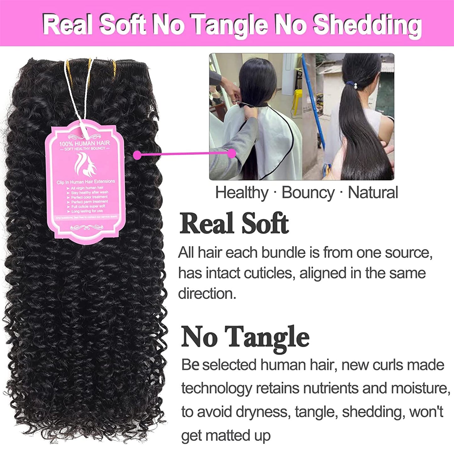 Rolisy Kinky Curly Clip In Hair Extensions Human Hair 20 Inch Curly Hair Extensions Clip In Human Hair for Black Women 3C 4A 4B Afro Kinky Curly Hair Clip Ins Soft Brazilian Remy Hair Thick Ends