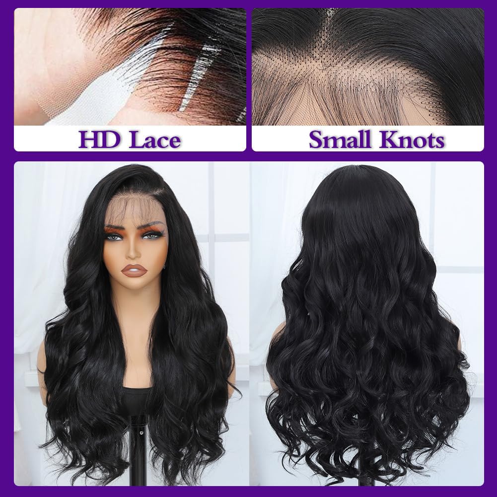 Amarlis 13x6 Synthetic Lace Front Wig - Glueless Ready to Wear Hd Lace Body Wave Black Wigs for Black Women, Pre-Plucked Baby Hair Heat-Resistant 26In Natural Black Wig for Daily Party