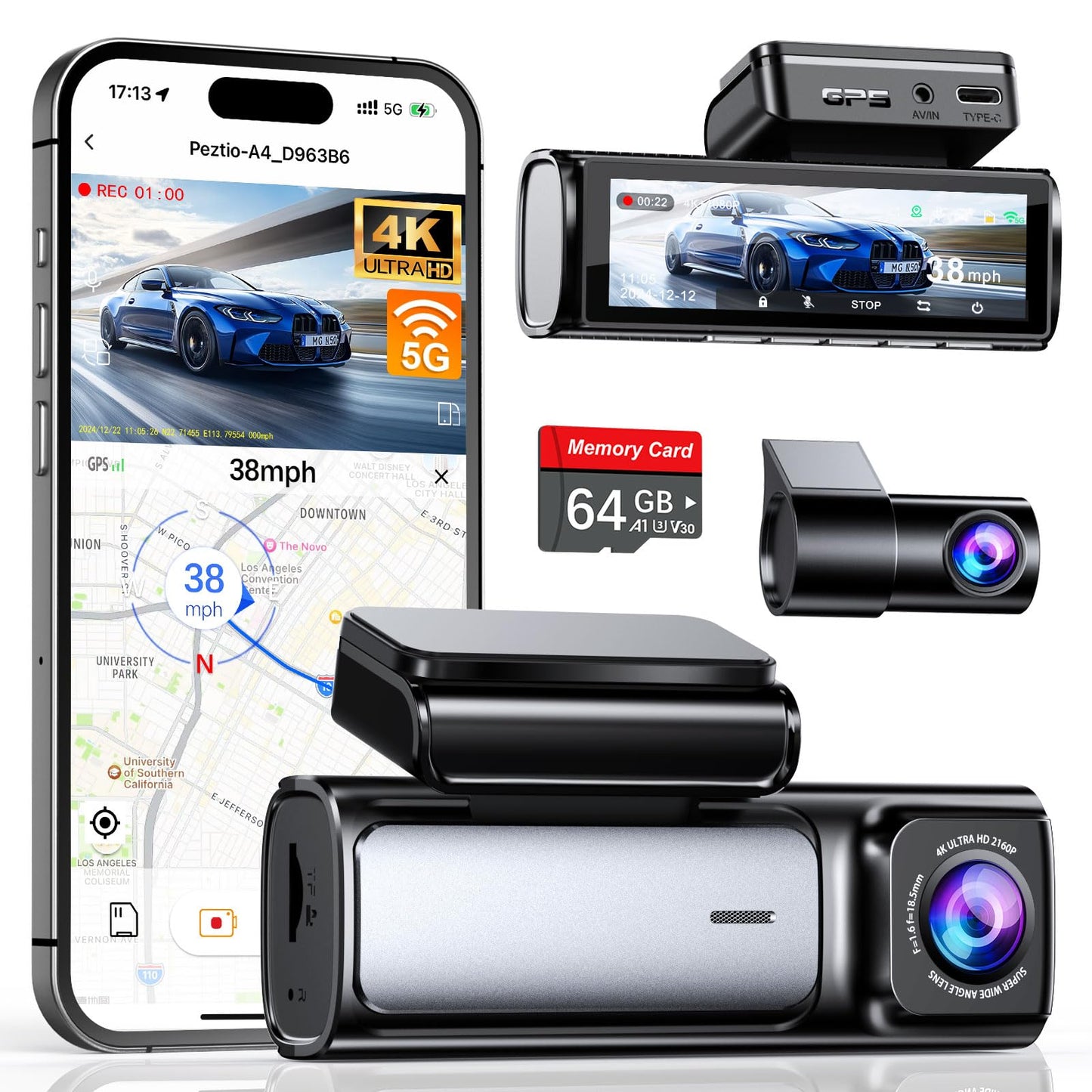 Affver 4K Dash Cam Front and Rear, Built-in 5G WiFi GPS, 64GB Card Included, 3.59'' IPS Screen Dash Camera for Cars, Dual Dashcam with G-Sensor, Loop Recording, WDR, Night Vision, 24H Parking Monitor