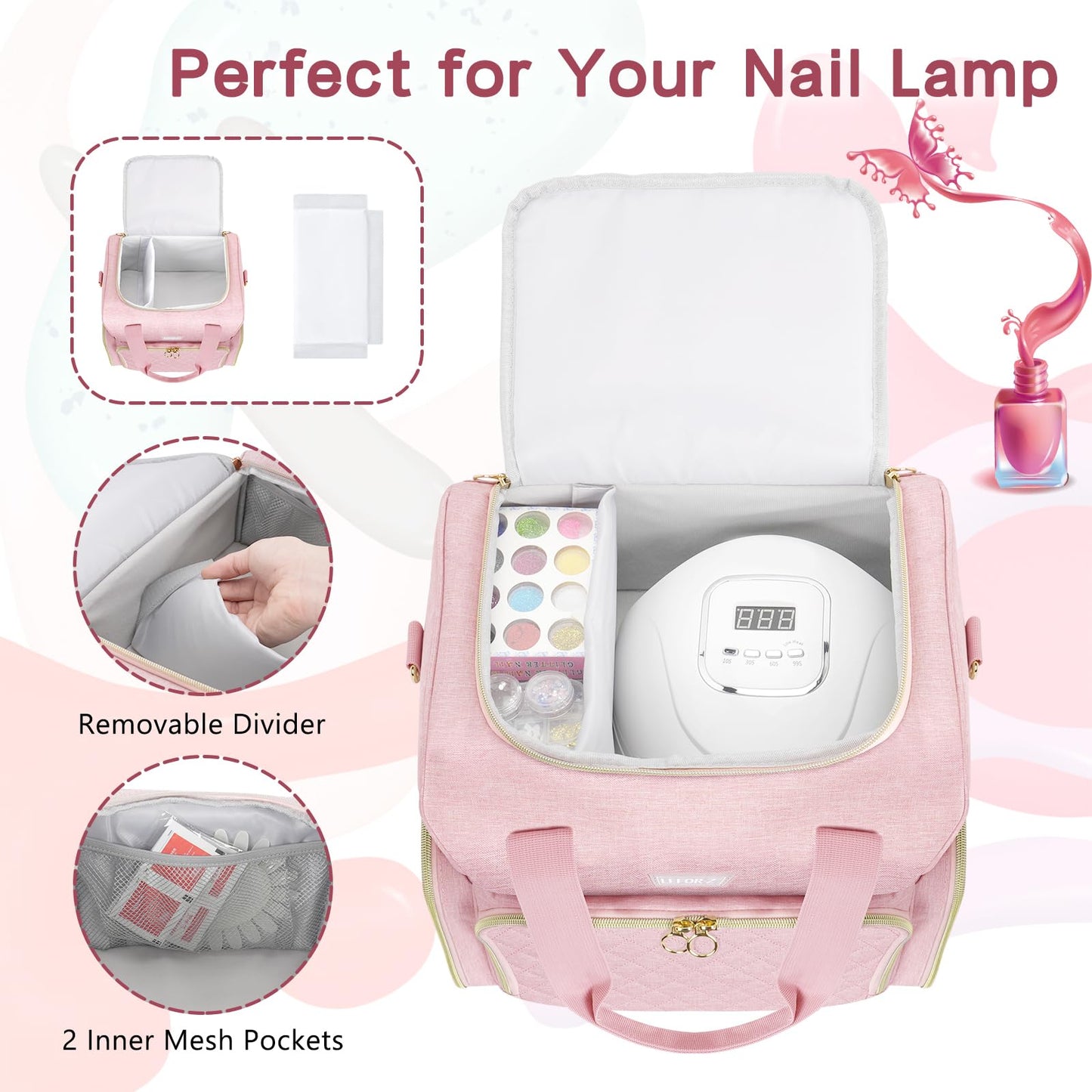 Nail Polish Organizer Holds 80 Bottles and a Nail Lamp,Nail Polish Carrying Case with 2 Removable Bags,Nail Organizers and Storage for Nail Tech,Portable Nail Polish Holder for Nail Supplies,Pink